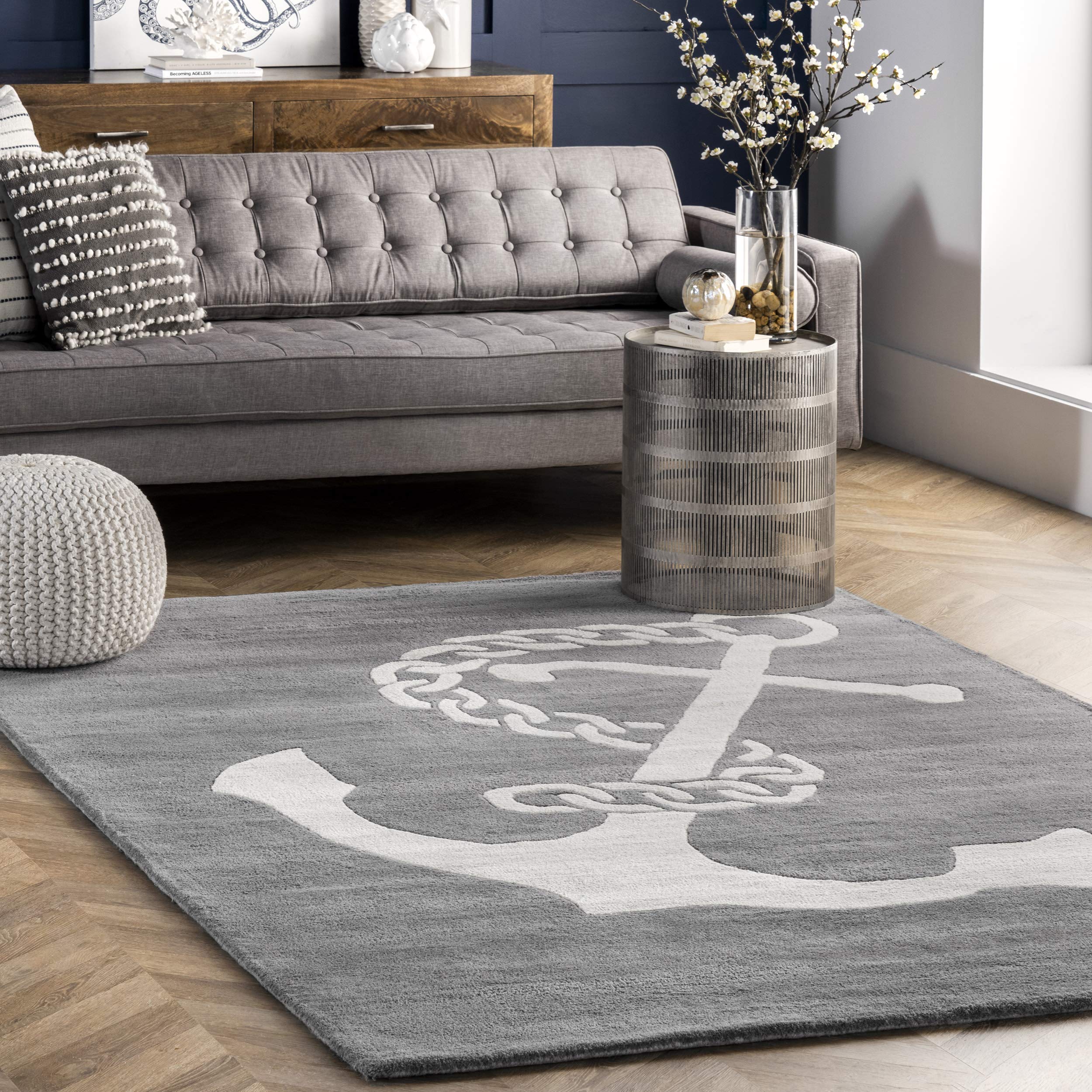nuLOOM Hand Tufted Set Sail Nautical Area Rug 4x6 Feet, Soft Grey Blue Coastal Decor - Perfect for Living Room, Bedroom, or Beach House Style