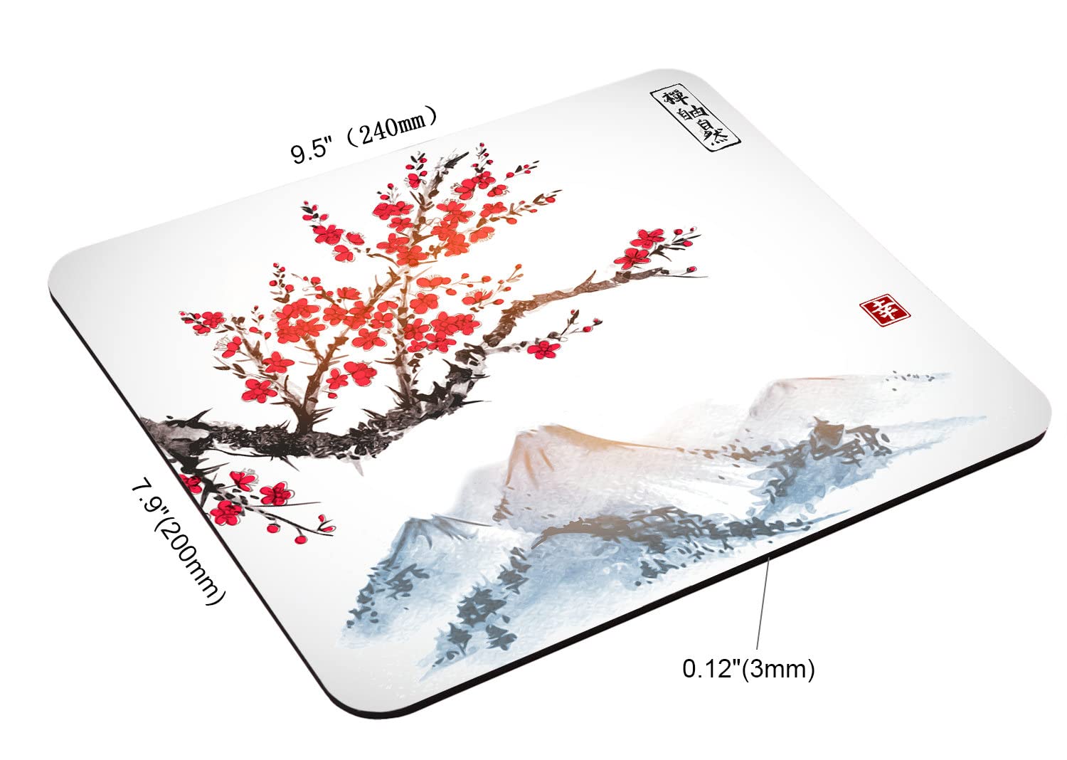 Premium Japanese Ink Painting Mouse Pad - Cherry Blossom & Snow Mountain Design, Non-Slip Rubber Base, 9.5