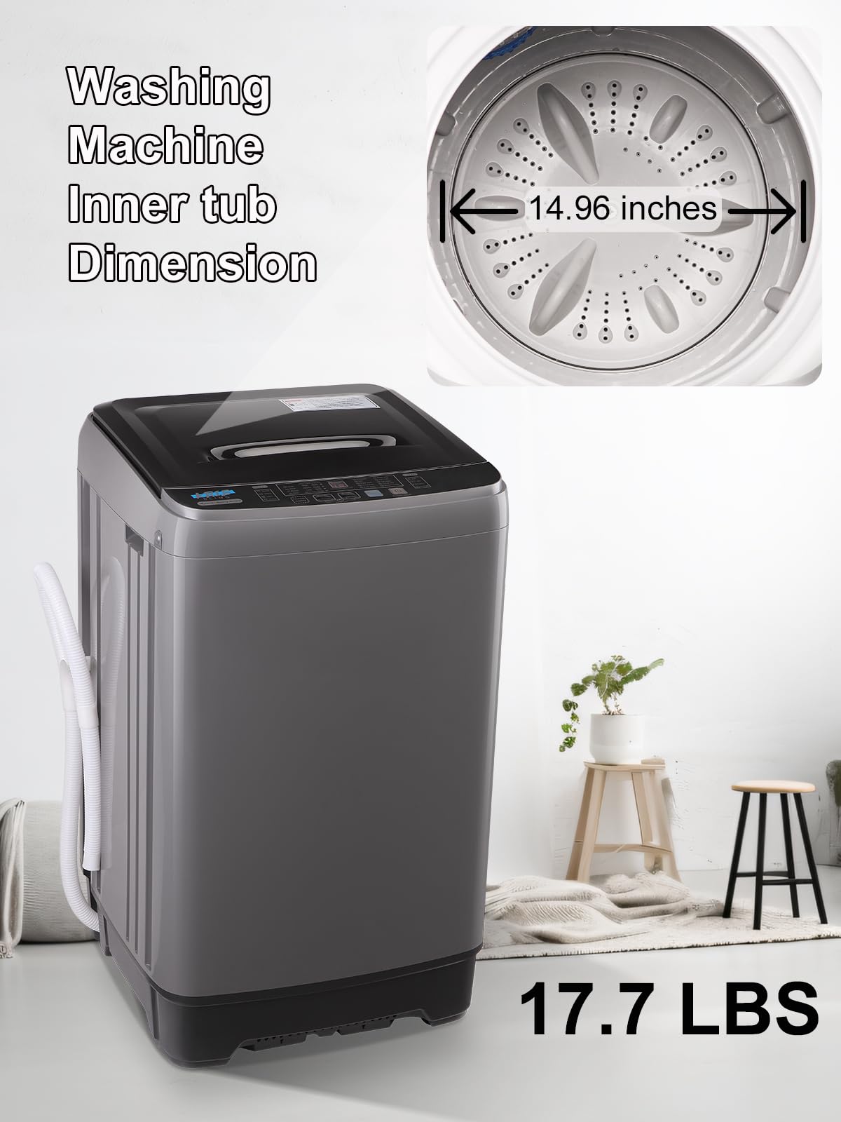 Full Automatic Washing Machine with LED Display - 17.7 lbs Portable Washer with Drain Pump, 10 Programs & 8 Water Levels - Perfect for RV, Camping, Apartments, Dorms & Small Spaces (Dark Grey) - Compact Laundry Solution for Travel, Tiny Homes & Limited Spaces