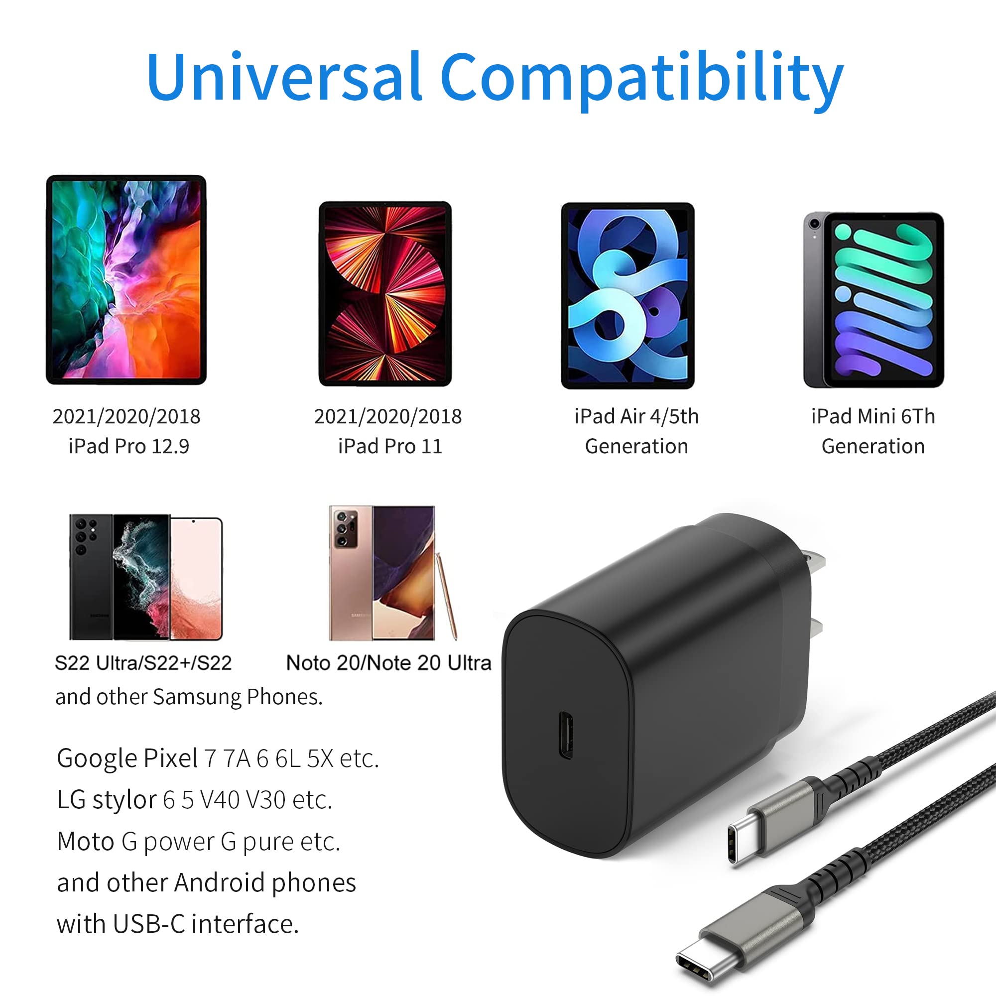 25W USB C Fast Charger Block with 6FT USB-C to USB-C Cable - Compatible with Samsung Galaxy S23 Ultra/Z Flip/Fold, Google Pixel 8, iPad Air 4th & iPhone 15 Pro - Quick Wall Charger for Home, Office & Travel