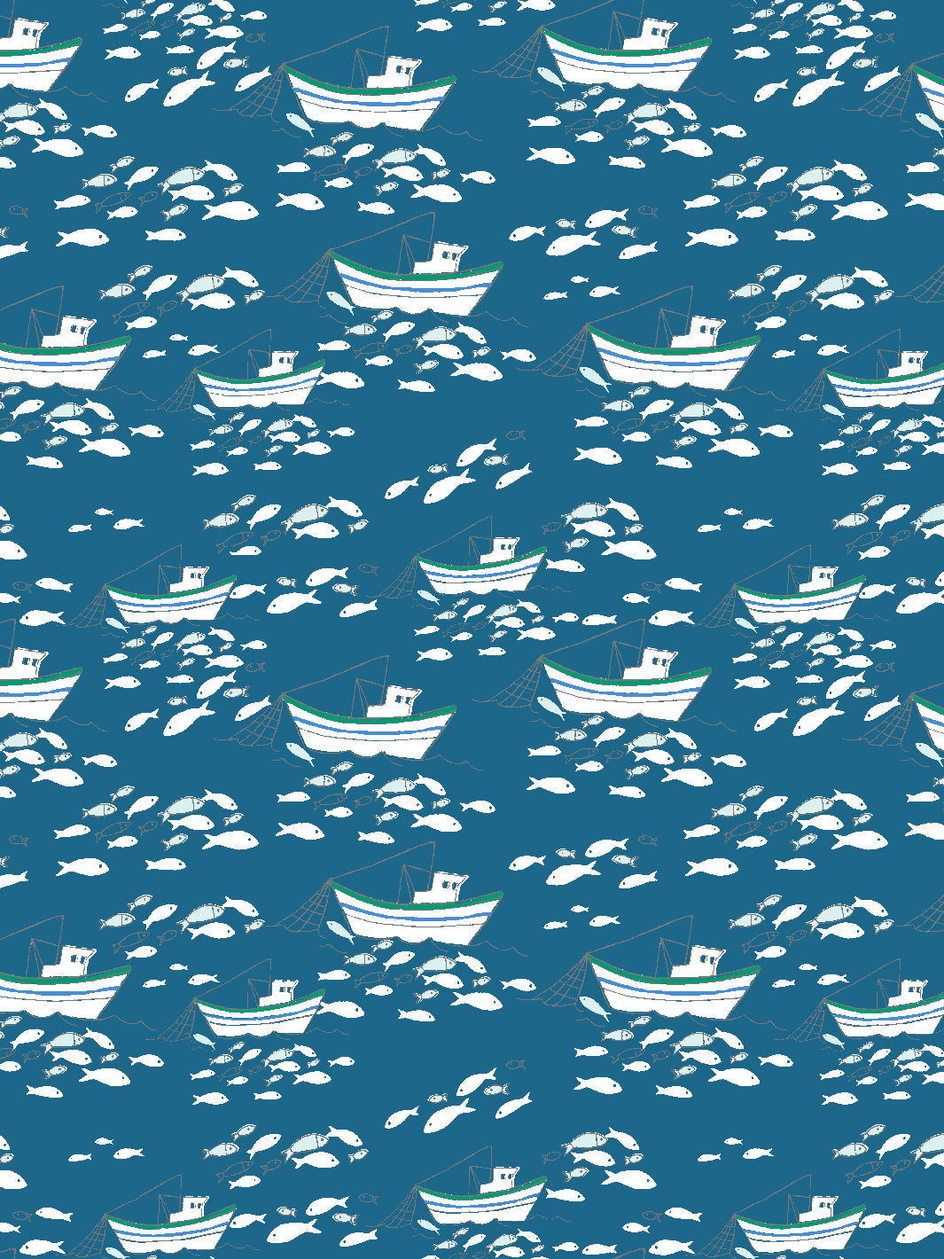 Premium Fishing Boats Wallpaper - Cadet Blue by Tea Collection | Nautical Theme for Living Room, Bedroom & Office Decor