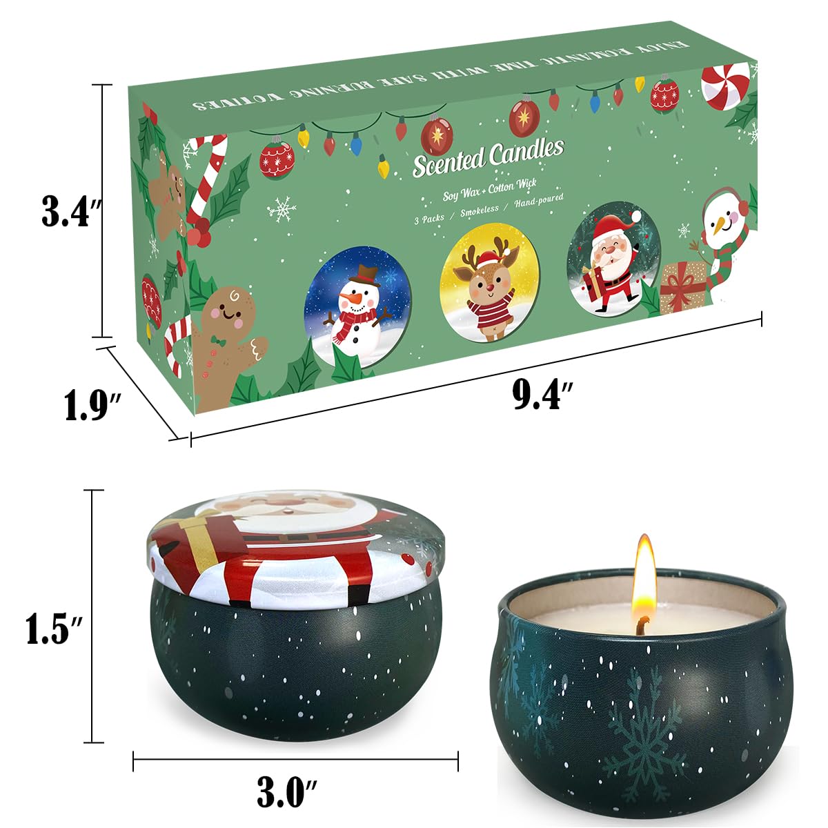 Christmas Small Tin Scented Candles - 3 Pack Long Lasting 90 Hour Soy Wax Candles (2.5oz Each) | Holiday Home Decor, Aromatherapy, Bath Relaxation, Birthday & Gift Ideas for Women