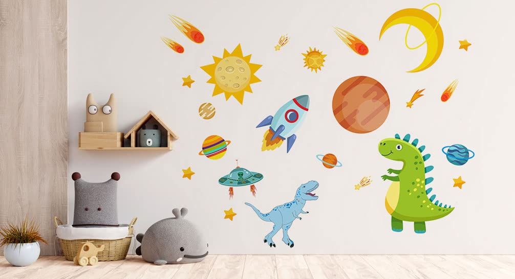 Dinosaur Outer Space Wall Decals - Dino Rocket Spaceship Wall Stickers for Kids Room, Nursery & Classroom Decor | Solar System & Animal Planet Theme | Perfect for Bedroom, Playroom & Learning Spaces