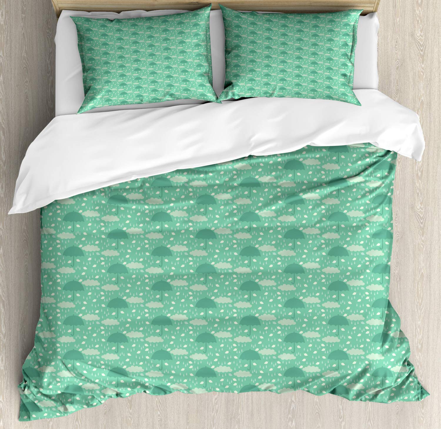 Ambesonne Autumn Weather Duvet Cover Set - California King Size, 3-Piece Bedding with 2 Pillow Shams | September Rain Cloud Design in Pale Green & Sea Green | Perfect for Fall Bedroom Decor & Cozy Seasonal Home Styling