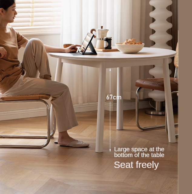 Birch Solid Wood Round Dining Table - White Cream Style Rock Board - Perfect for Modern Kitchens, Dining Rooms & Small Spaces