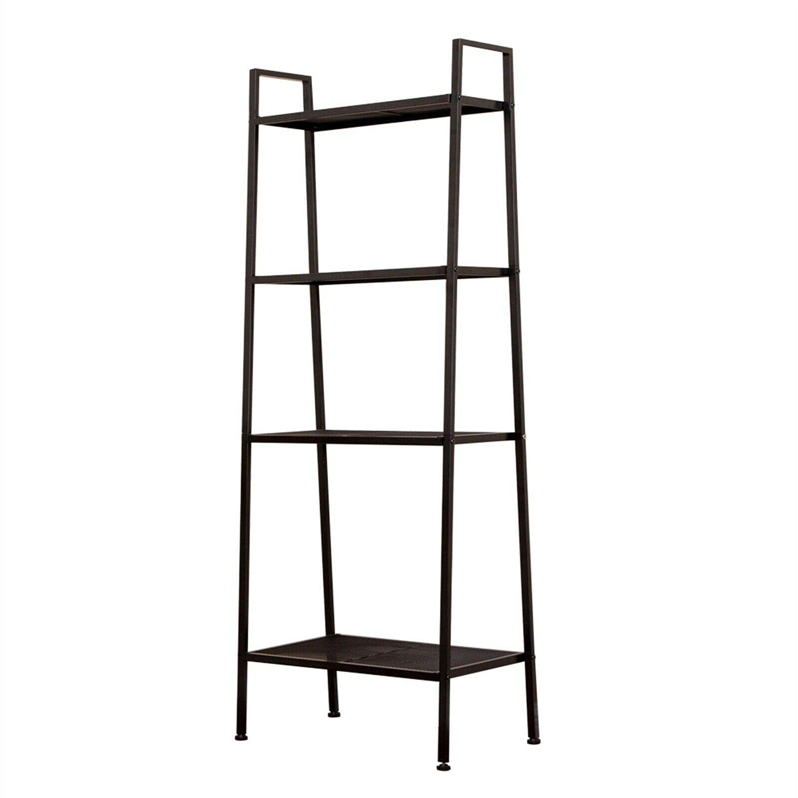 4-Tier Heavy Duty Leaning Ladder Bookcase - Black Wall Shelf for Bedroom & Bathroom Storage