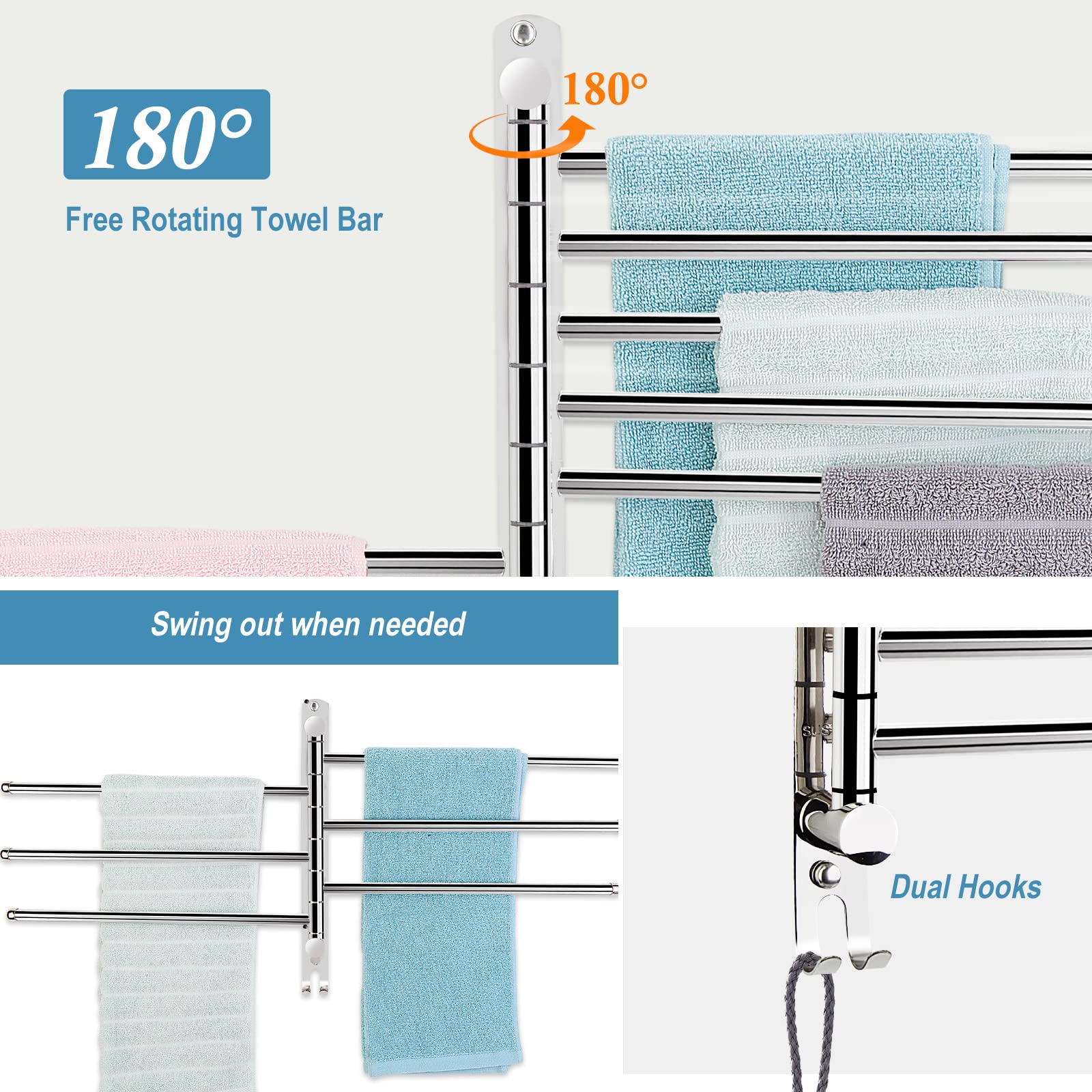 6-Arm Stainless Steel Swivel Towel Bar with Hooks - Wall Mounted Bathroom & Kitchen Towel Rack Organizer - Perfect for Small Spaces, Spa-Like Showers, and Modern Home Decor