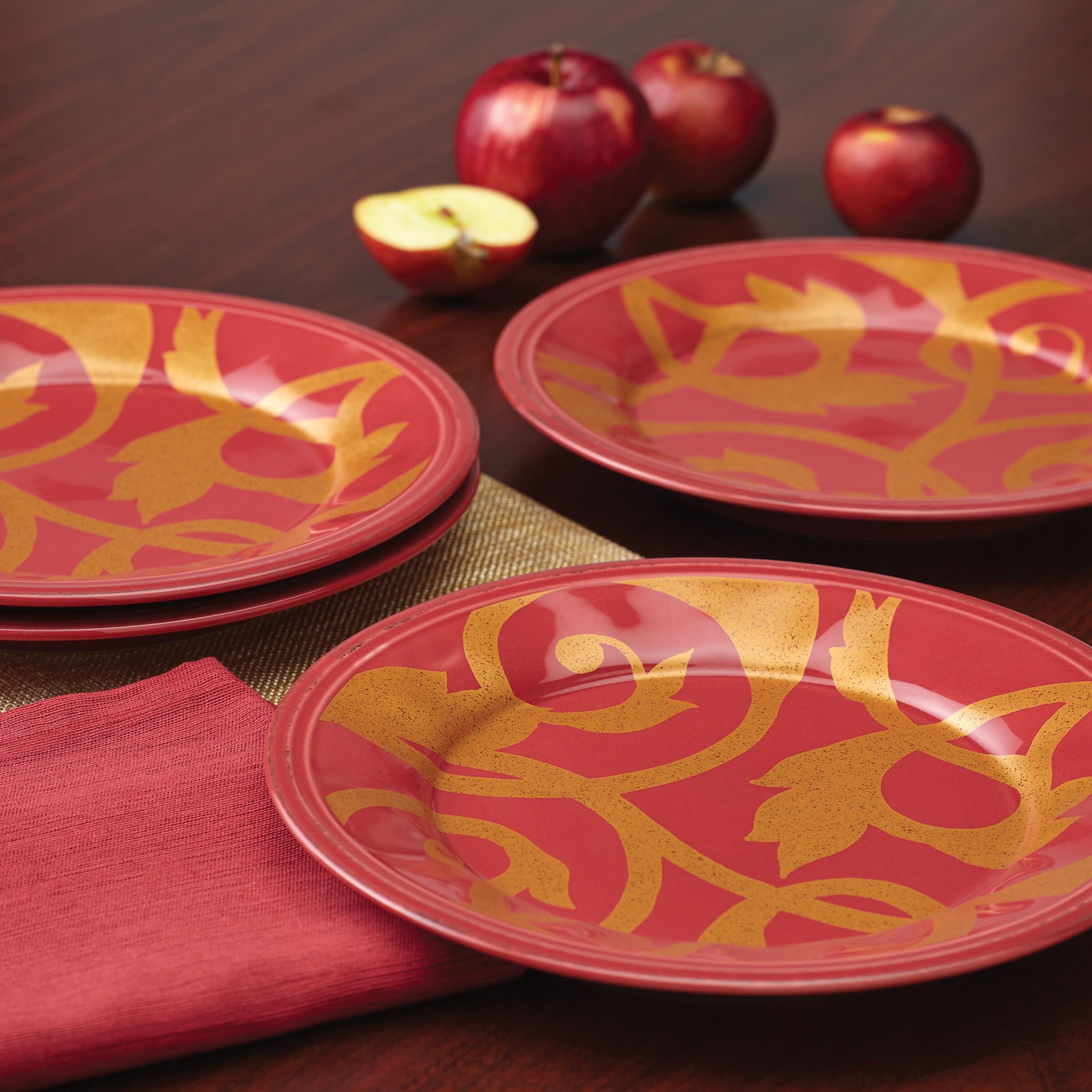 Rachael Ray Gold Scroll 4-Piece Salad Plate Set - Elegant Cranberry Red Dinnerware for Salads, Desserts & Appetizers - Perfect for Dinner Parties, Holidays & Home Decor