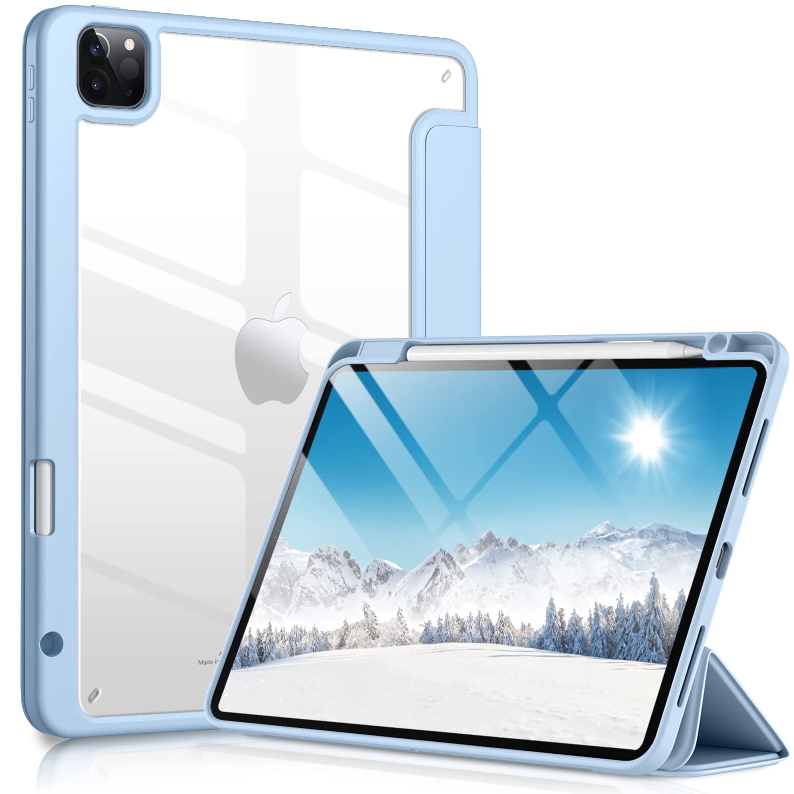 Dirrelo Shockproof iPad Pro 11 Inch Case (2020-2022 Models) - Compatible with 4th/3rd/2nd Gen iPad Pro 11, Transparent Back Cover with Pencil Holder & Auto Sleep/Wake Function - Sky Blue Protective Case for Work, School & Travel