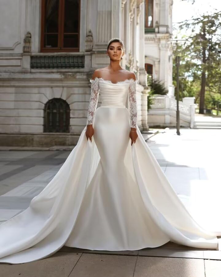 2025 Mermaid Wedding Dress with Lace Appliques & Detachable Train - Elegant Satin Bridal Gown for Beach Weddings | Perfect for Destination, Seaside & Summer Ceremonies