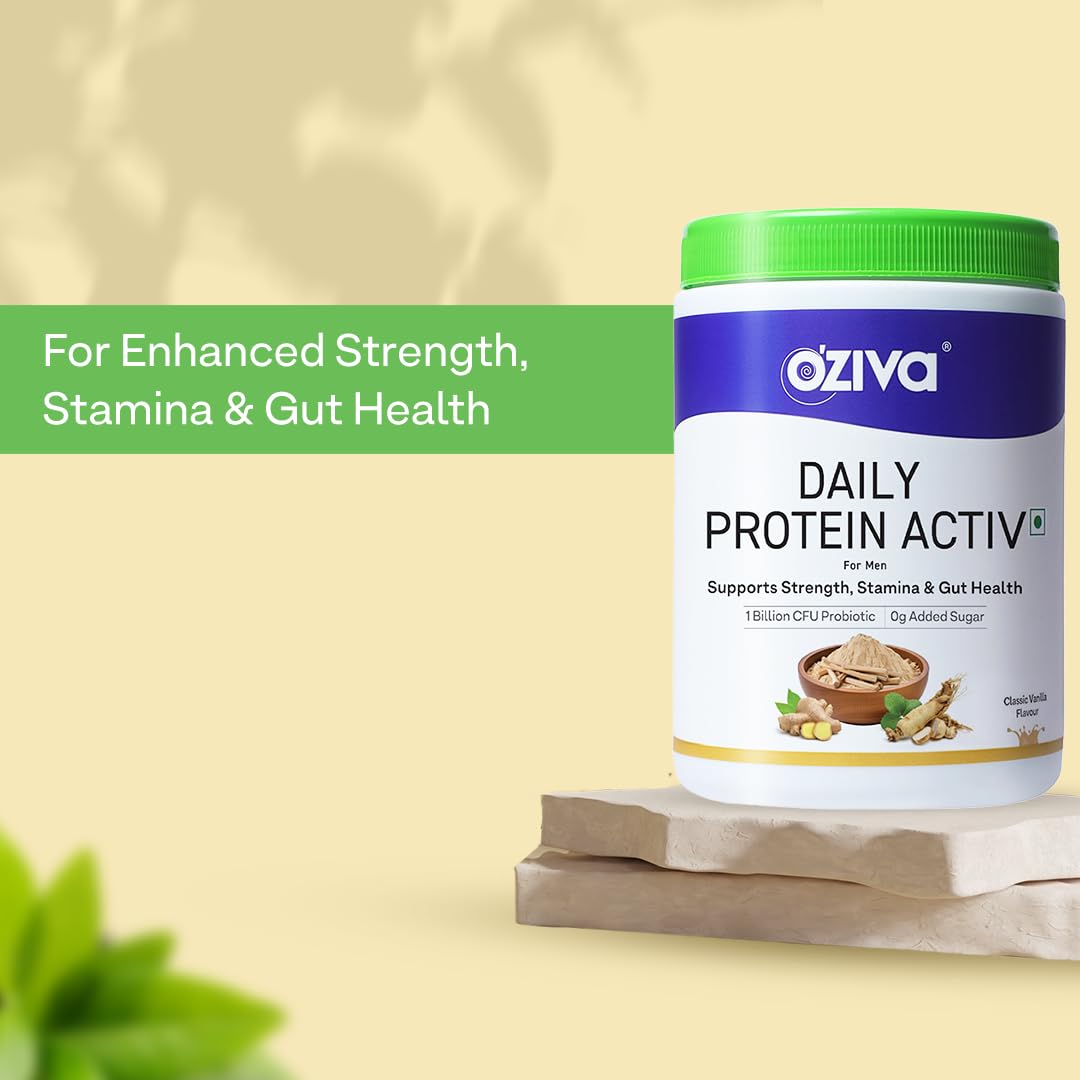 OZiva Daily Protein Activ for Men - 40G Protein Powder with Probiotics for Stamina & Muscle Growth - Vanilla Almond Flavor (300G, Pack of 1) | Ideal for Post-Workout Recovery & Active Lifestyle