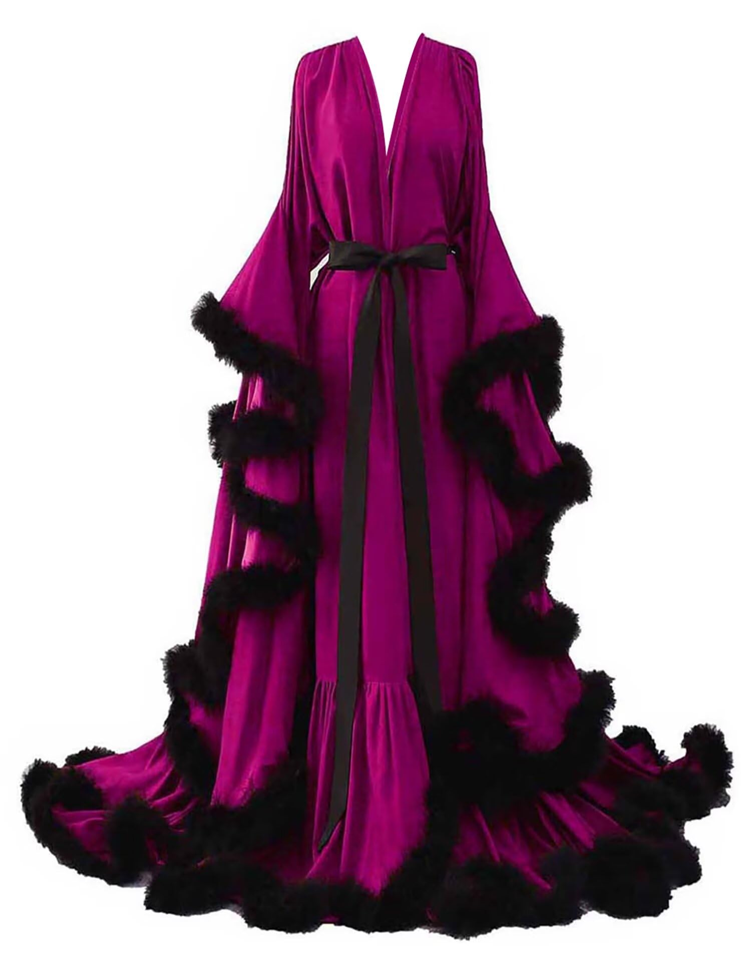 Yinyyinhs Women's Sexy Feather Bridal Robe - Silk Satin Long Nightgown & Bathrobe - Elegant Sleepwear & Maternity Gown for Wedding, Boudoir Photoshoot & Honeymoon