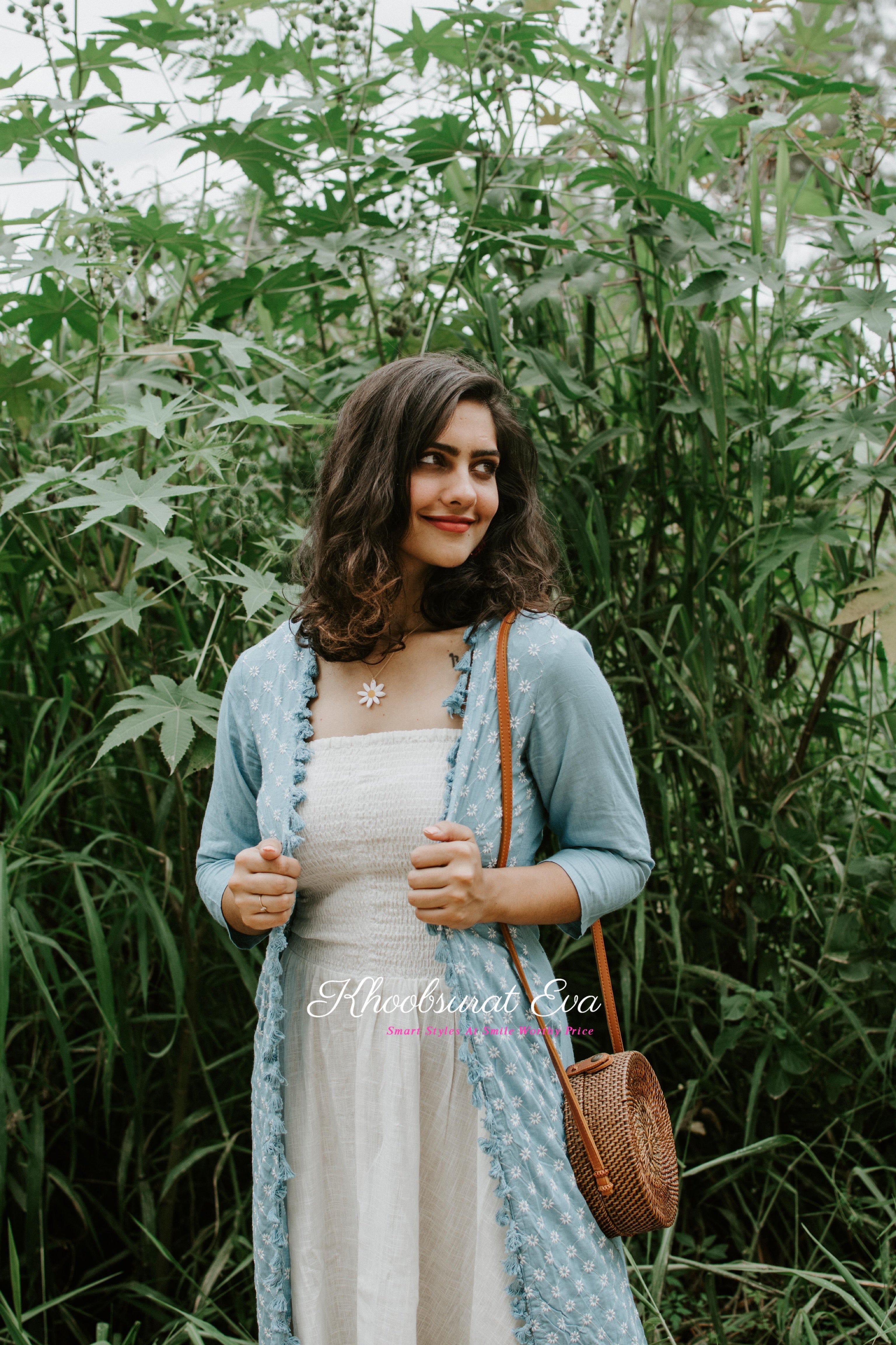 Blue & White Embroidered Jacket Maxi Dress for Women - Elegant Floral Embroidery Long Dress with Detachable Jacket - Perfect for Weddings, Parties & Special Occasions