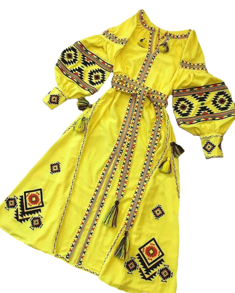Yellow Midi Embroidered Dress for Women - Ukrainian Folk Vyshyvanka Style, Natural Linen Bohemian Summer Dress, Gift for Wife, Free Shipping XXS-4X (M) - Perfect for Festivals, Weddings & Cultural Events