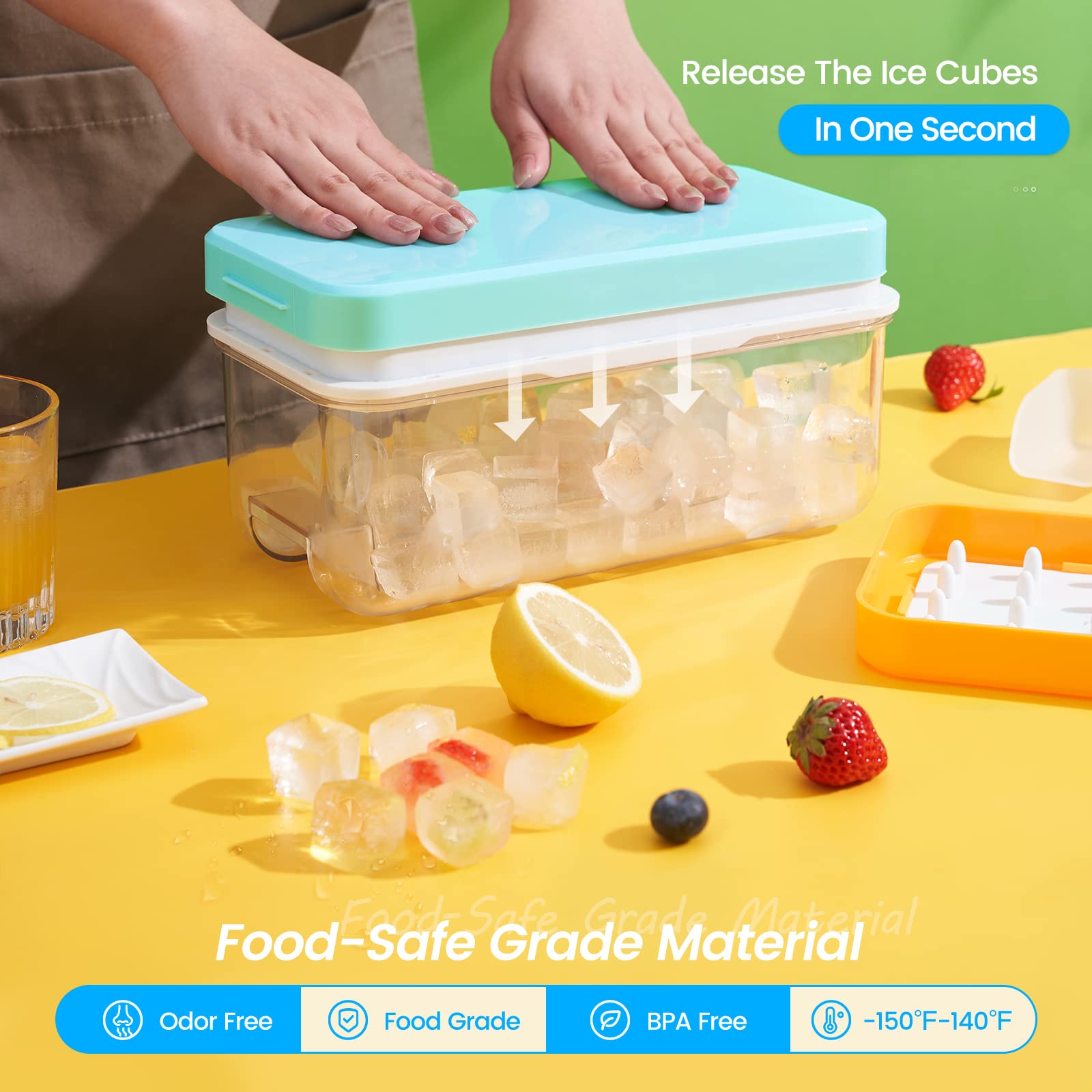 PHINOX 64-Piece Ice Cube Tray Set with Lid & Storage Bin - 2 BPA-Free Freezer Ice Trays, Container & Scoop for Cocktails, Smoothies & Party Drinks