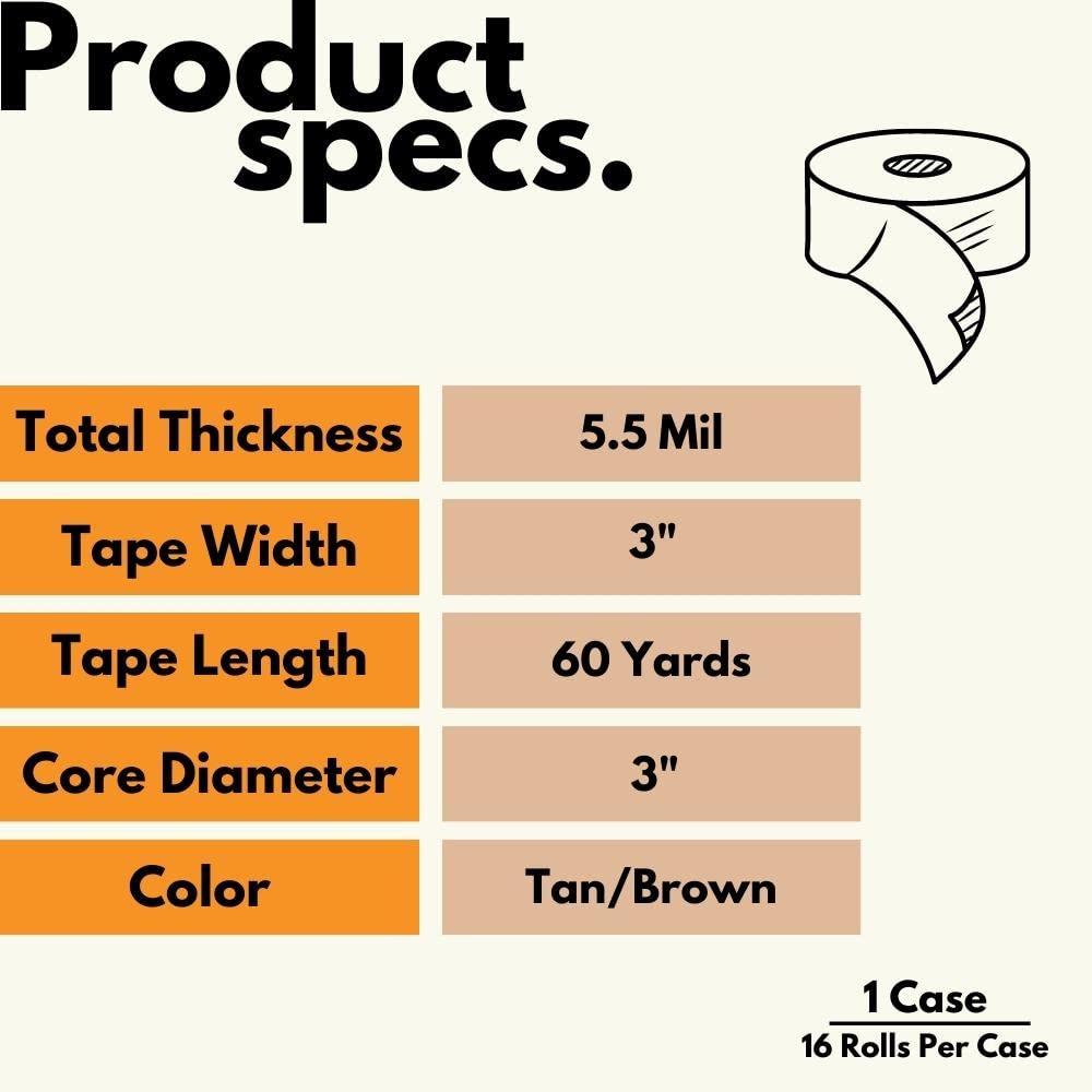 PSBM 3 Inch x 60 Yards Kraft Brown Self Adhesive Flatback Packaging Tape - 16 Pack for Shipping Boxes, Moving Supplies & Ecommerce Packaging