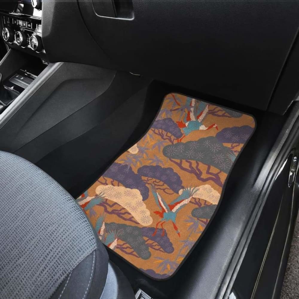 Japanese Bonsai Bamboo Stork Pattern Brown Car Mats - Front & Back Set for Luxury & Style | Perfect for Sedans, SUVs, and Trucks
