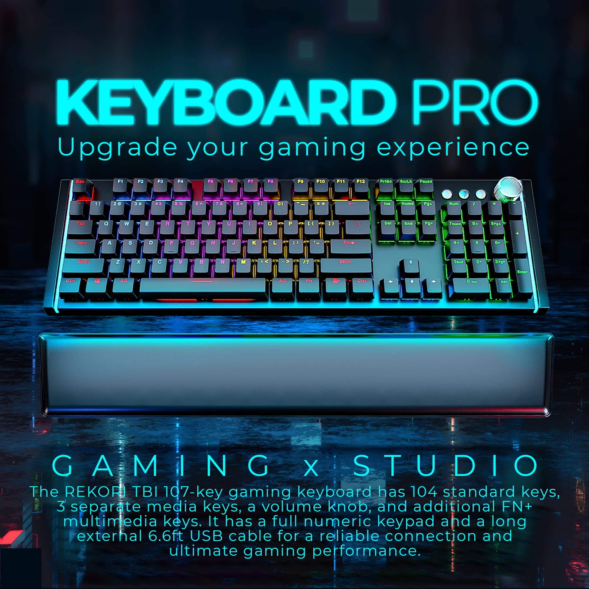 REAL Mechanoid X107 TBI Mechanical Gaming Keyboard - Blue Switches, RGB LED Backlit, Laser Etched Keys - Ergonomic Leather Wrist Rest - Wired USB Keyboard for PC Gaming, Esports & Office Work - Perfect for FPS, MOBA & Typing Enthusiasts