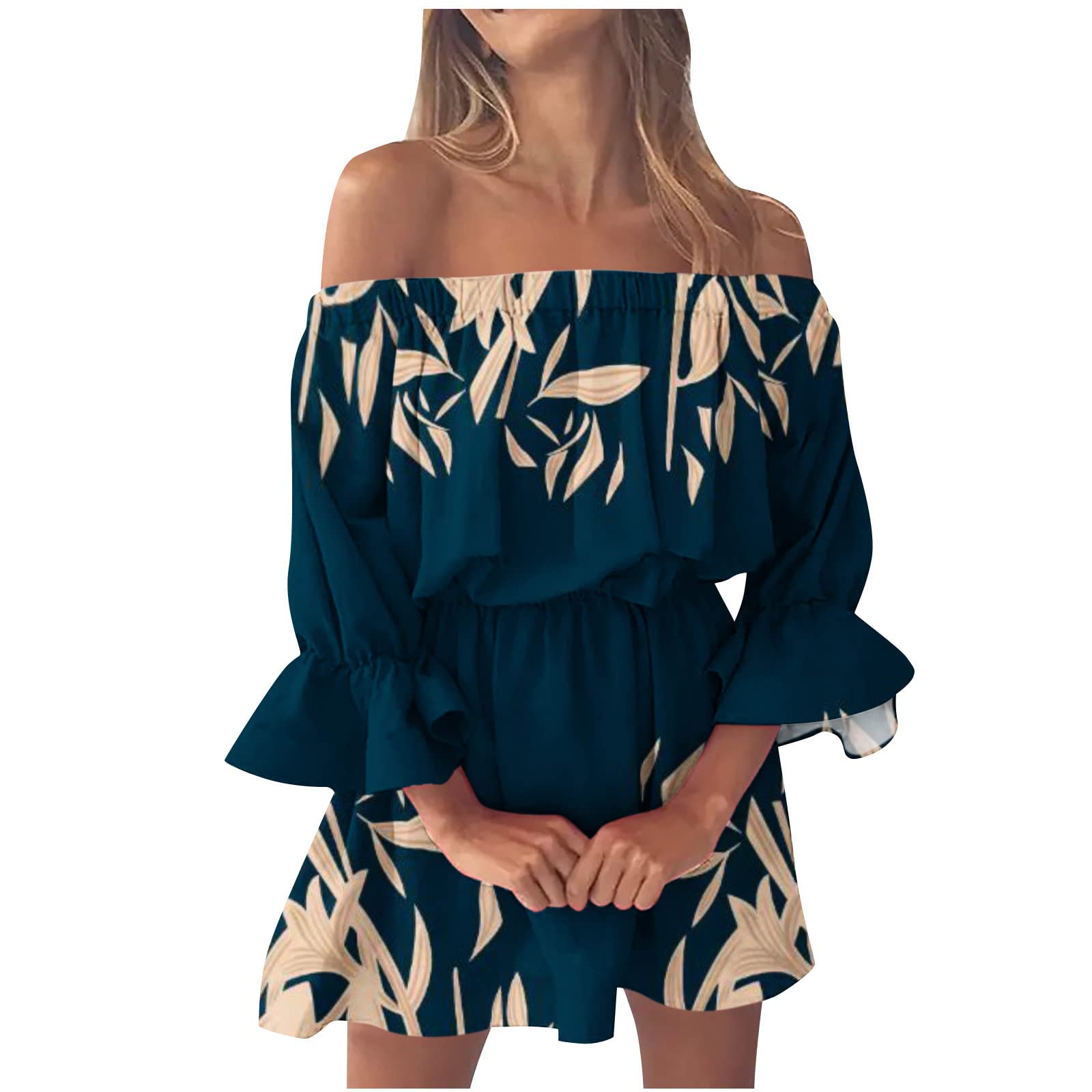 Women's Summer Sundresses - Sexy Off Shoulder Mini Dress with Stylish Bell Sleeves & Gradient Print | Casual Beachwear, Vacation Outfits, Party Dresses