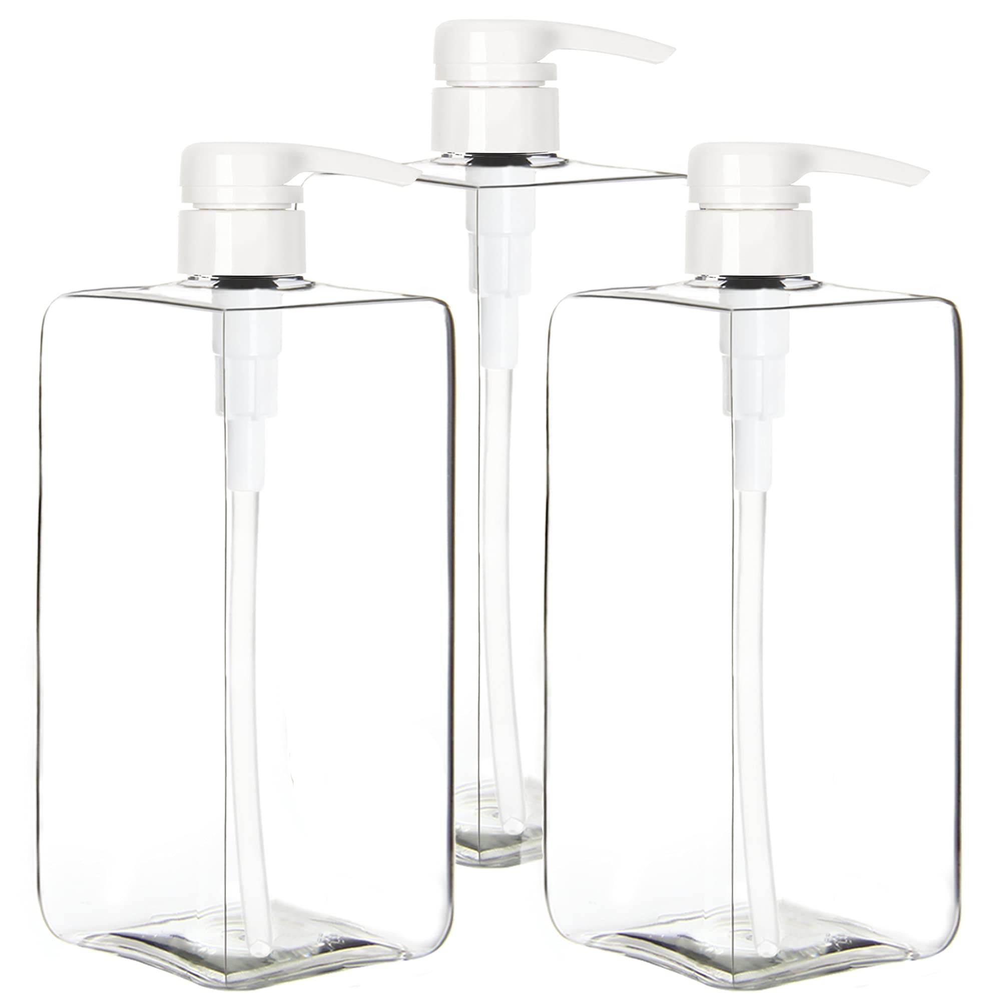 Youngever 3 Pack 32oz (1 Liter) Empty Square Shampoo Pump Bottles with Leak-Proof Locking Pumps | Plastic Refillable Containers for Shampoo, Conditioner, Lotion & Liquid Soap | Perfect for Bathroom, Salon & Travel Organizing