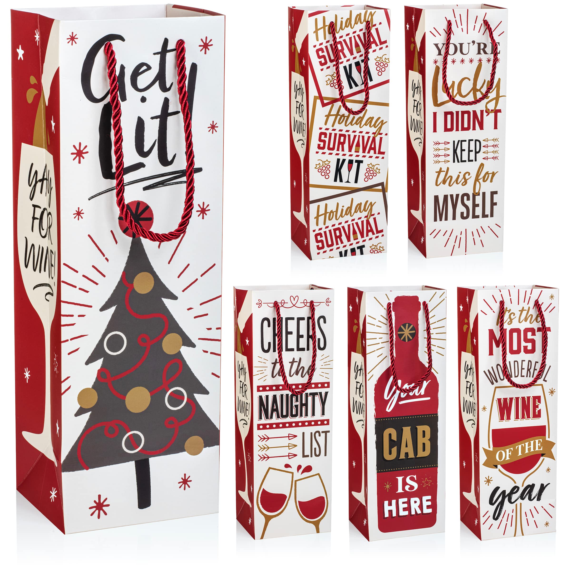 Funny Holiday Wine Bags by Seymour Butz - Set of 6 Reusable Gift Bags with Attachable Tags - Perfect for Christmas, Birthday & Party Gifts - Great for Wine Lovers & Humorous Present Exchange