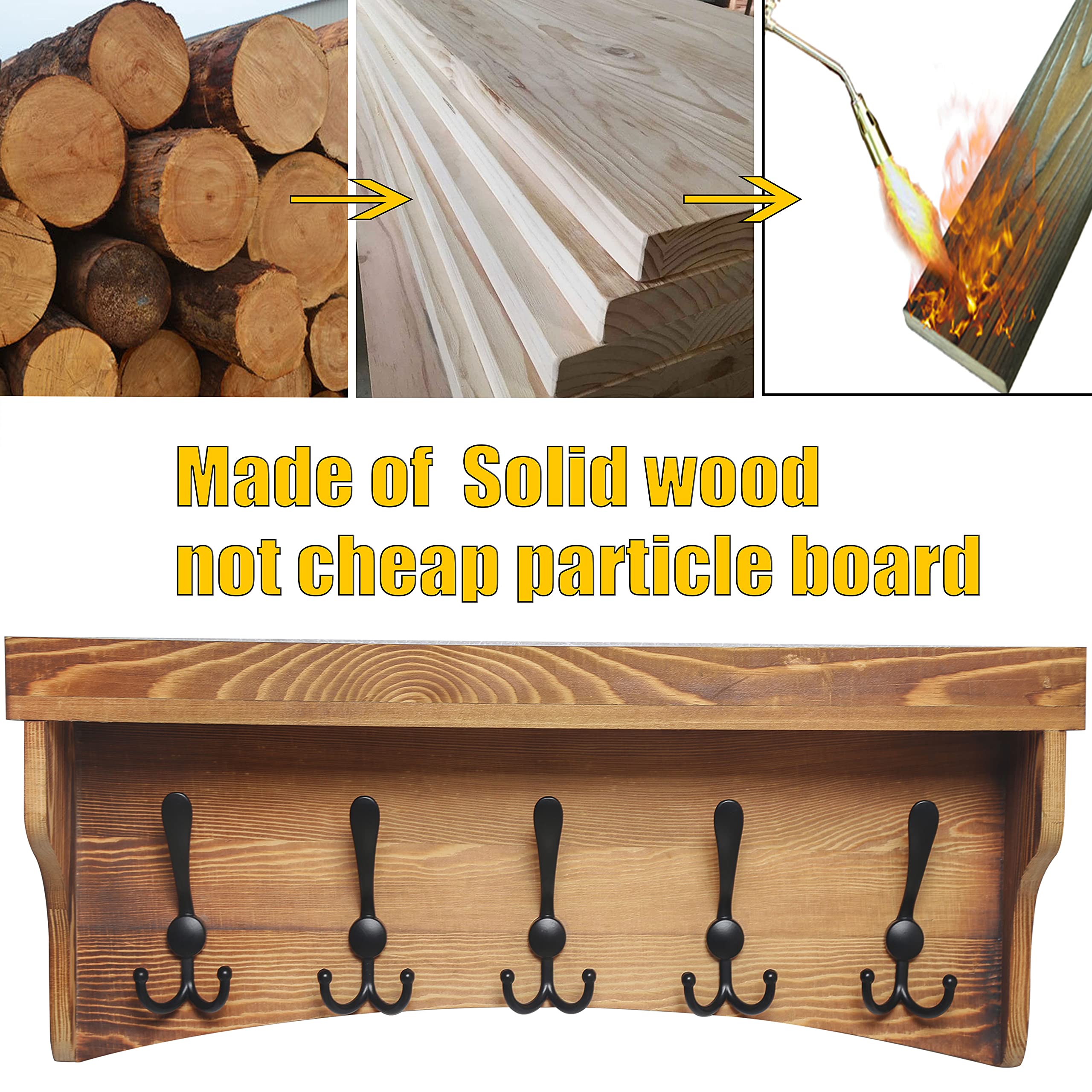 WEBI 24’’ Wall Shelf with 5 Triple Hooks - Rustic Brown Coat Rack & Key Holder - Bathroom & Entryway Storage Solution - Space Saving Wall Mounted Shelf for Hats, Bags & Home Organization