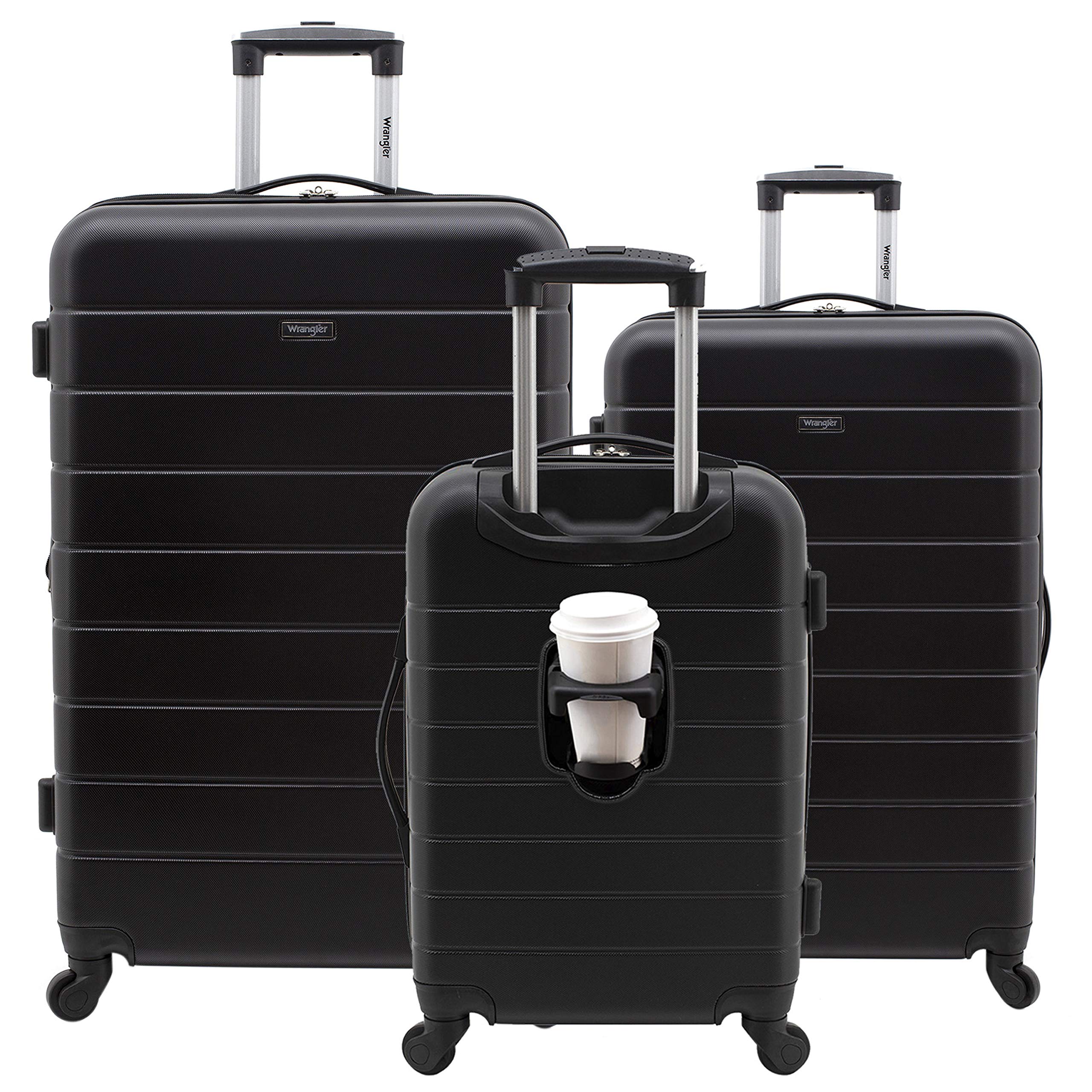 Wrangler 3-Piece Smart Luggage Set with Built-in USB Charging Port & Cup Holder - Black Carry-On Spinner Suitcase for Business Travel & Family Vacations