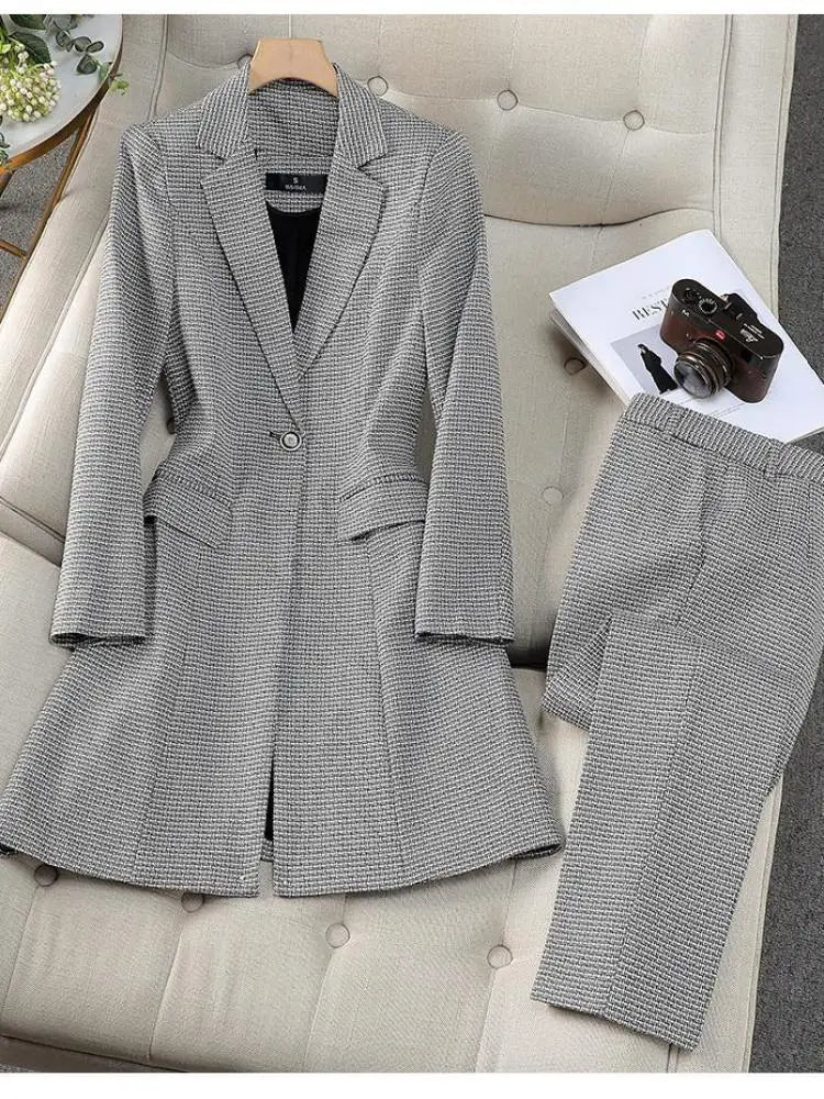 Women's Autumn Winter Formal Office Business Suit Set - Slim Fit Plaid Blazer & High Waist Ankle Pants | Professional Work Attire for Business Meetings & Corporate Events