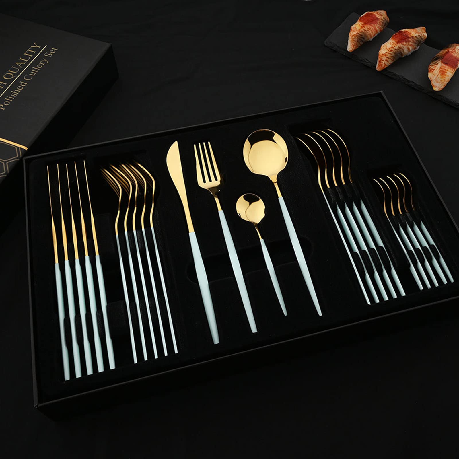 Premium 24-Piece Stainless Steel Flatware Set - Mint Green & Gold Mirror Finish Cutlery Set with Gift Box, Service for 6 | Elegant Tableware for Dinner Parties, Wedding Gifts & Home Decor