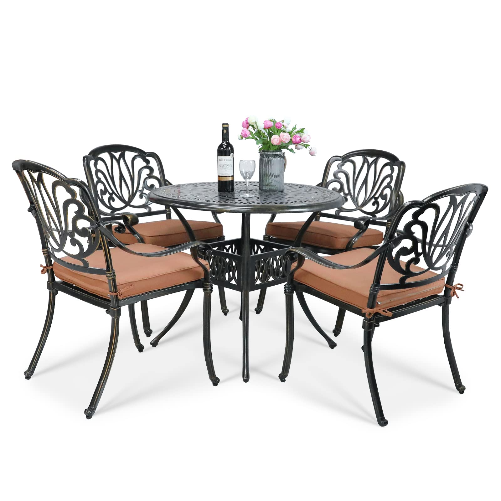 VIVIJASON 5-Piece Outdoor Patio Dining Set - All-Weather Cast Aluminum Conversation Set with 4 Cushioned Chairs & 35.4