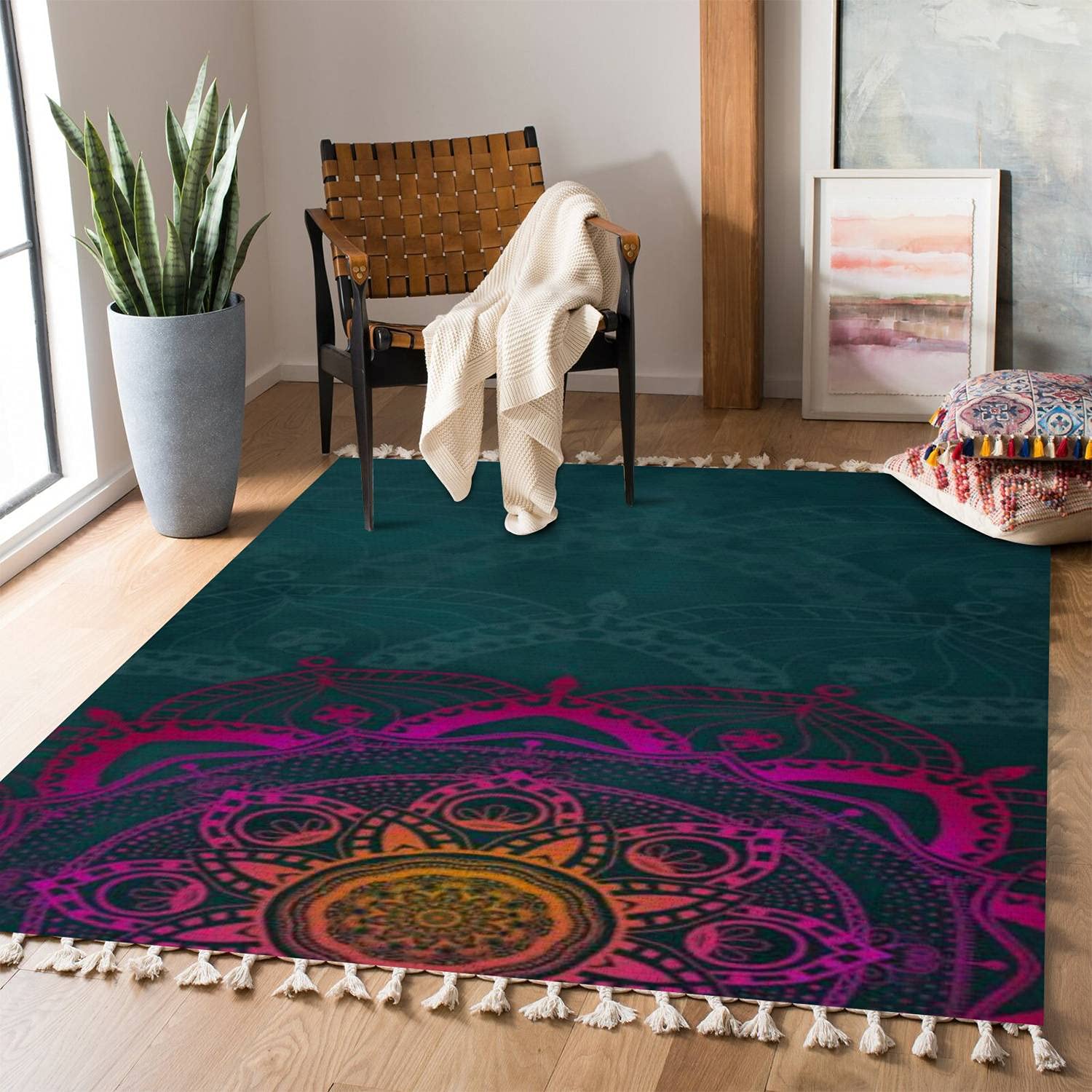 Boho Mandala Handmade Area Rug - Teal Background with Magenta Mehndi Pattern, Non-Slip Carpet for Living Room, Bedroom, Patio, Hallway | Indoor Outdoor Bohemian Home Decor for Cozy Spaces