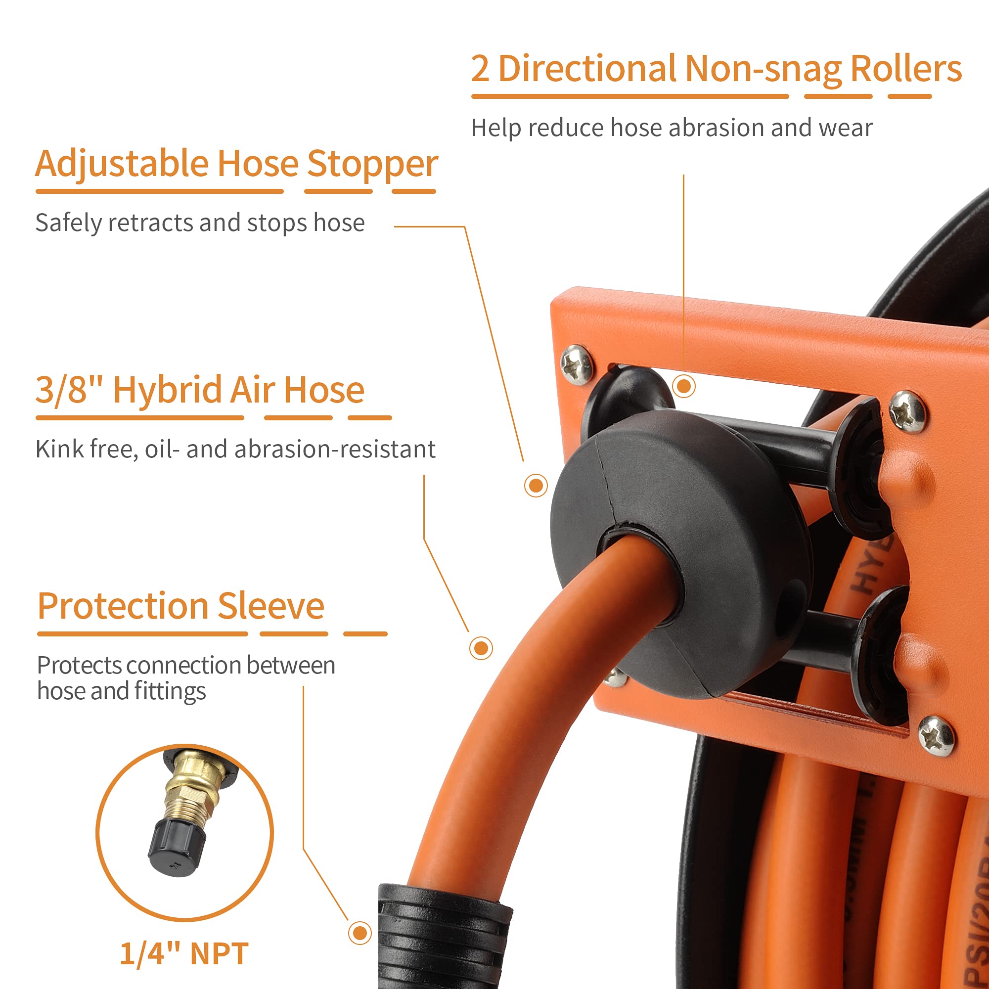 25ft Heavy Duty Rubber Air Hose with Retractable Steel Reel - 3/8 in. x 25 FT Hybrid Pneumatic Hose, Auto Rewind 300PSI Wall Mount for Garage, Workshop & Industrial Use
