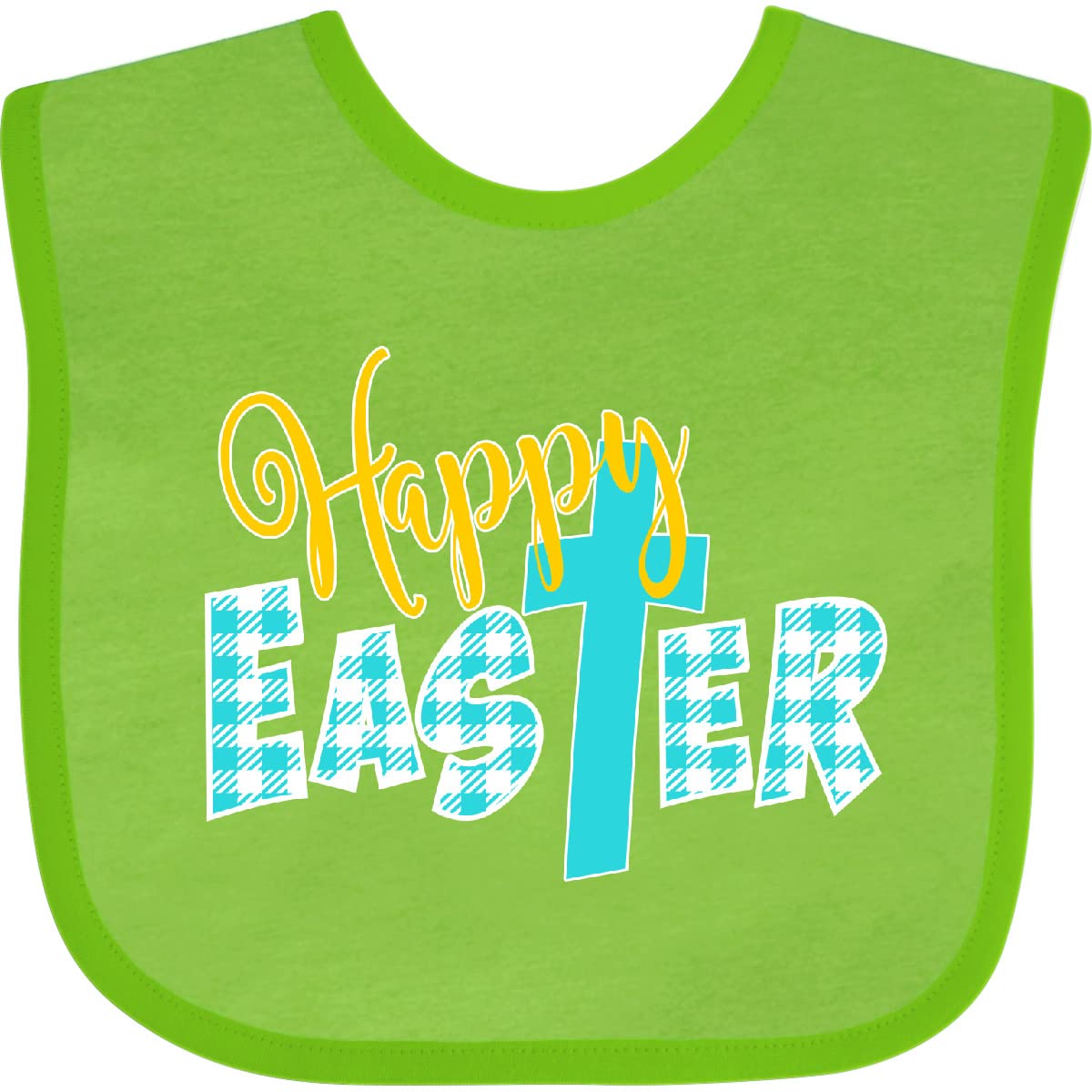 Inktastic Happy Easter with Cross in Teal Plaid Baby Bib - Soft Cotton Easter Bib for Infants & Toddlers - Perfect for Easter Sunday, Church, Family Gatherings & Photo Shoots