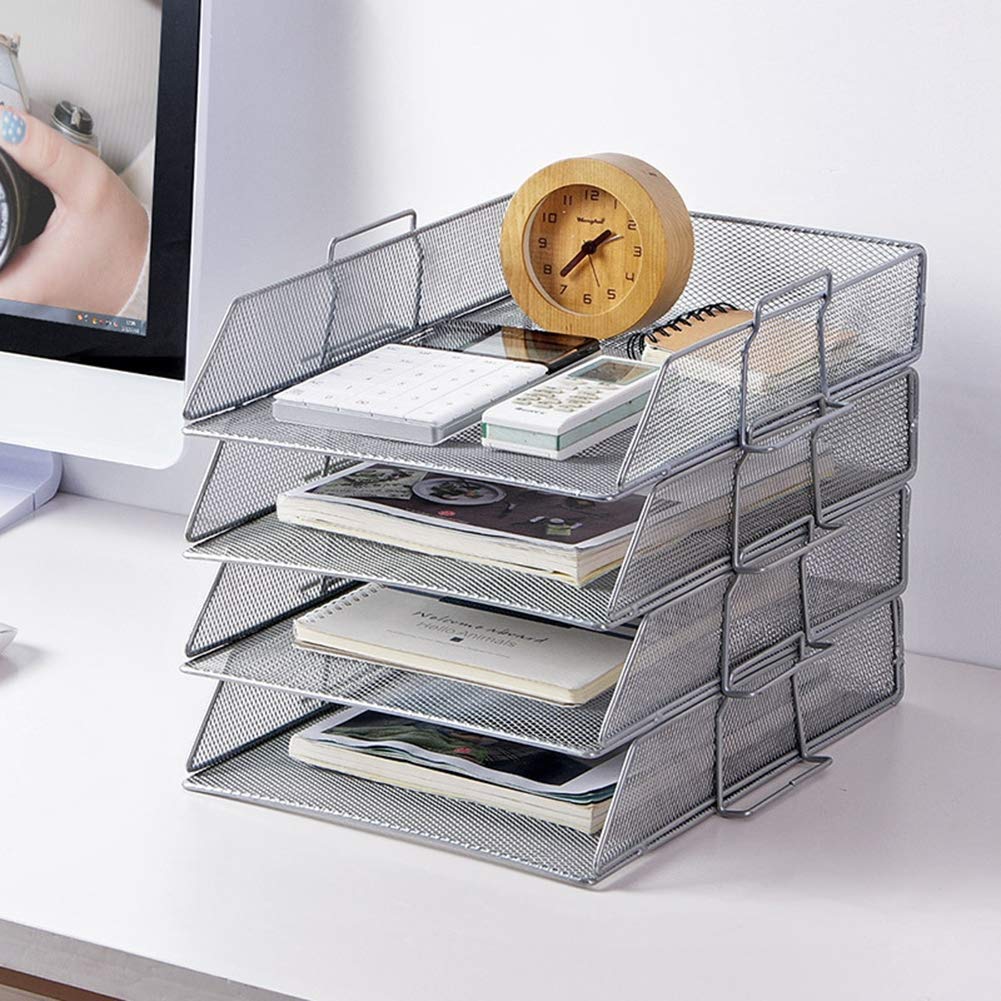 XLAHD 4-Tier Stackable Mesh Magazine Rack - Office Desk Organizer with 4 Compartments, File Sorter, Letter Tray Shelf - Silver | Perfect for Home Office, Study Room & Workspace Organization