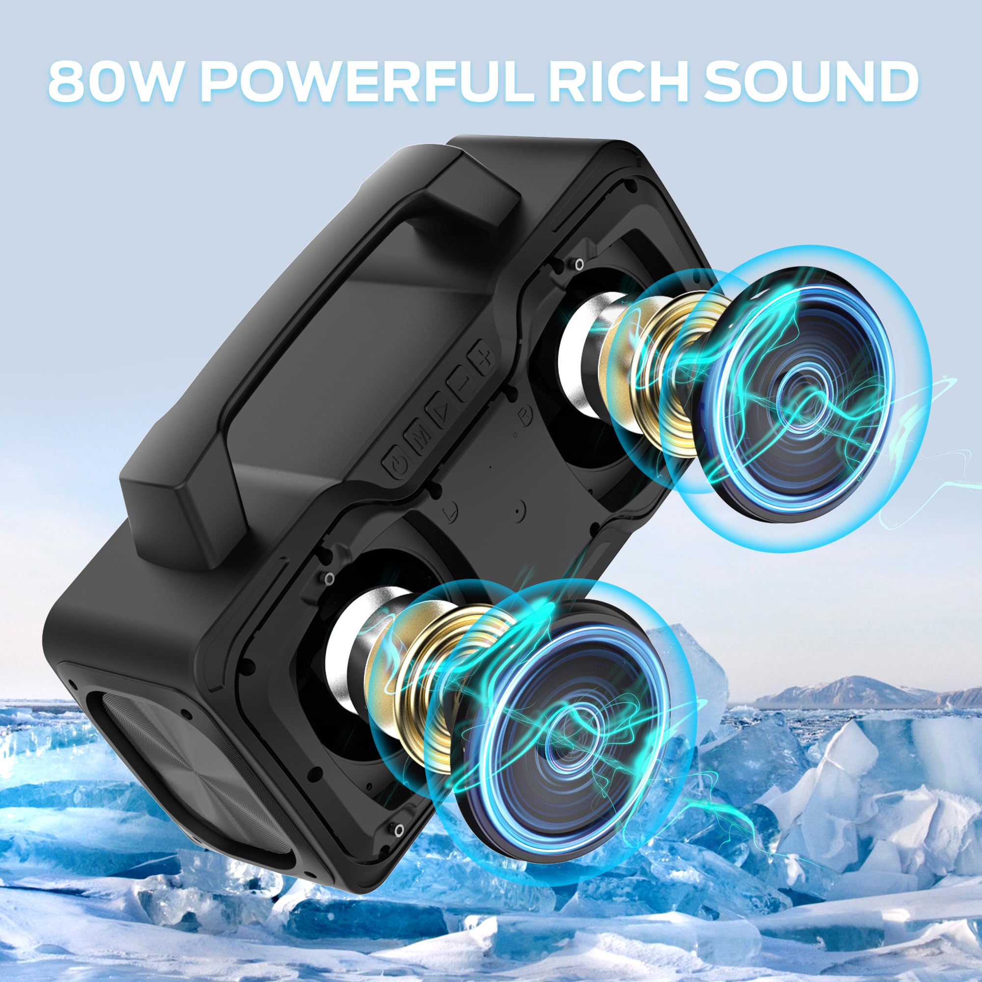 BUGANI 80W Powerful Bluetooth Speaker - IPX7 Waterproof Portable Wireless Speaker with Handle, 24H Playtime, Microphone/AUX/USB Support - Perfect for Outdoor Parties, Poolside, Beach & Camping (Black)