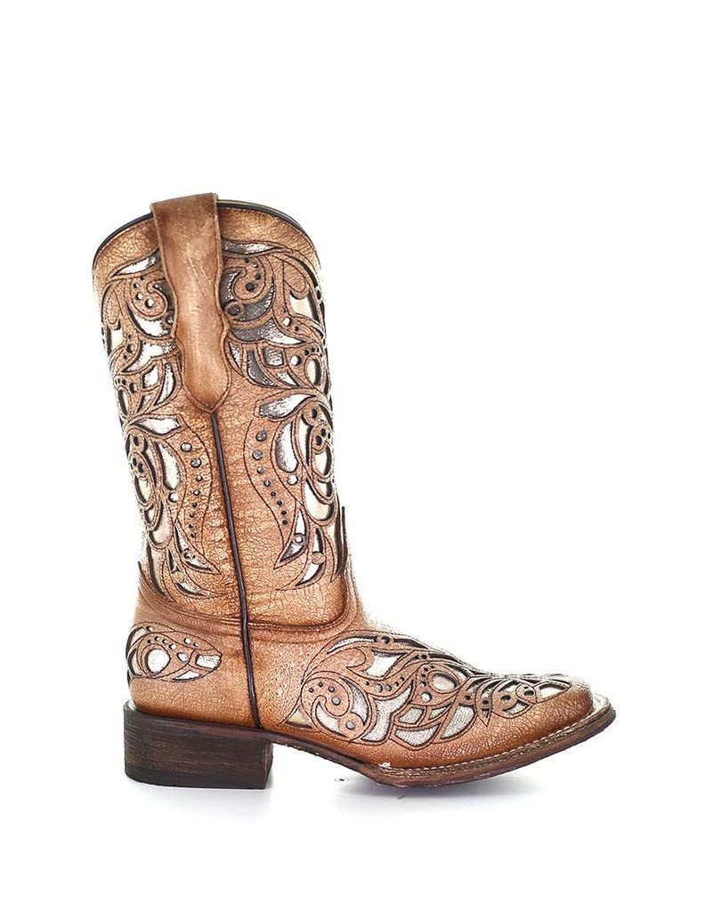 Best Kids Cowgirl Boots - Tan Shiny Corral Boots with Square Toe & Inlay Design | Perfect for Rodeo, Western Parties & Country Fashion