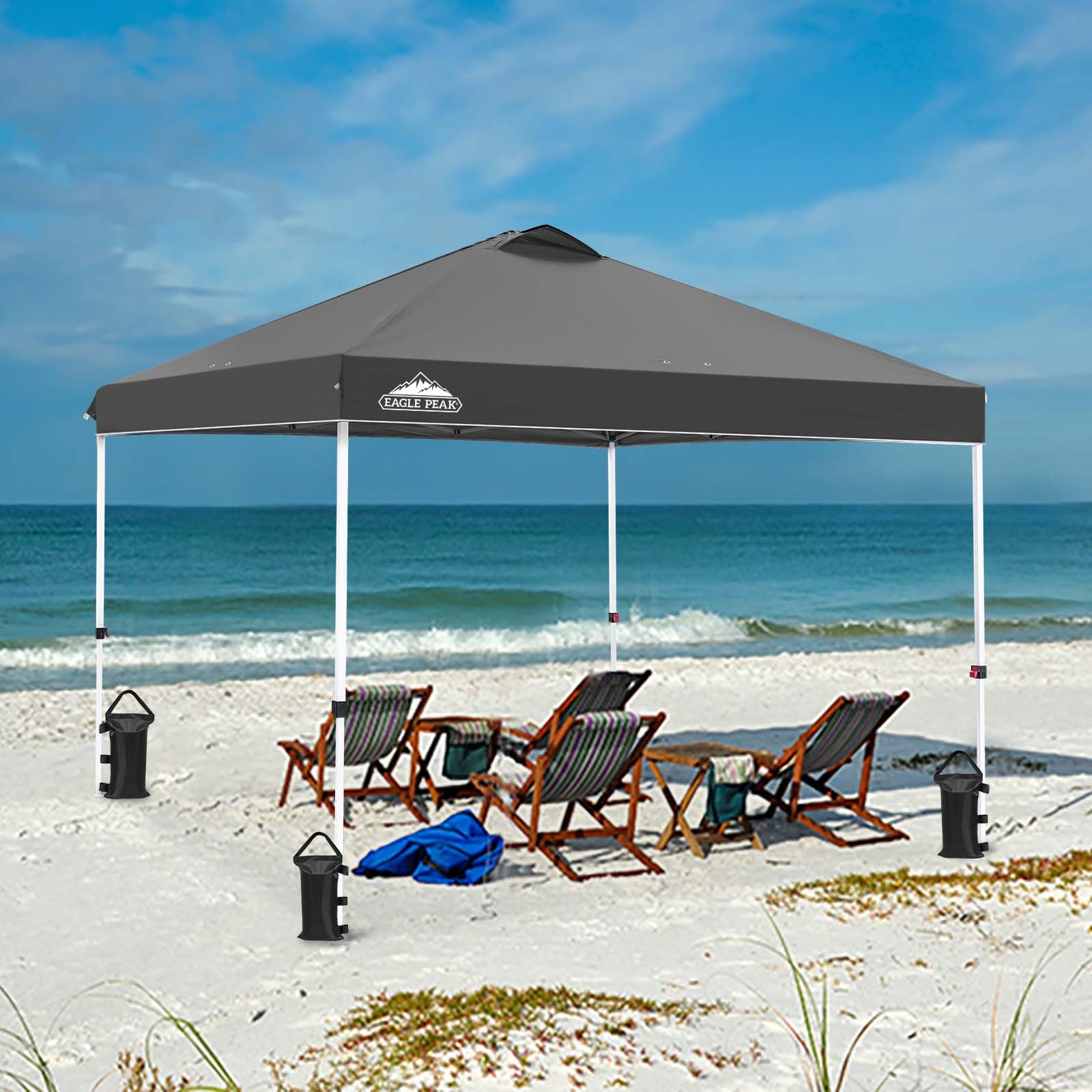 EAGLE PEAK 10x10 ft Pop Up Canopy Tent with Wheeled Carry Bag - Includes 8 Stakes, 4 Ropes & 4 Weight Bags - Easy Setup Portable Shade Shelter (100 sq ft Coverage, Gray) - Perfect for Outdoor Events, Camping, Beach Trips & Backyard Parties