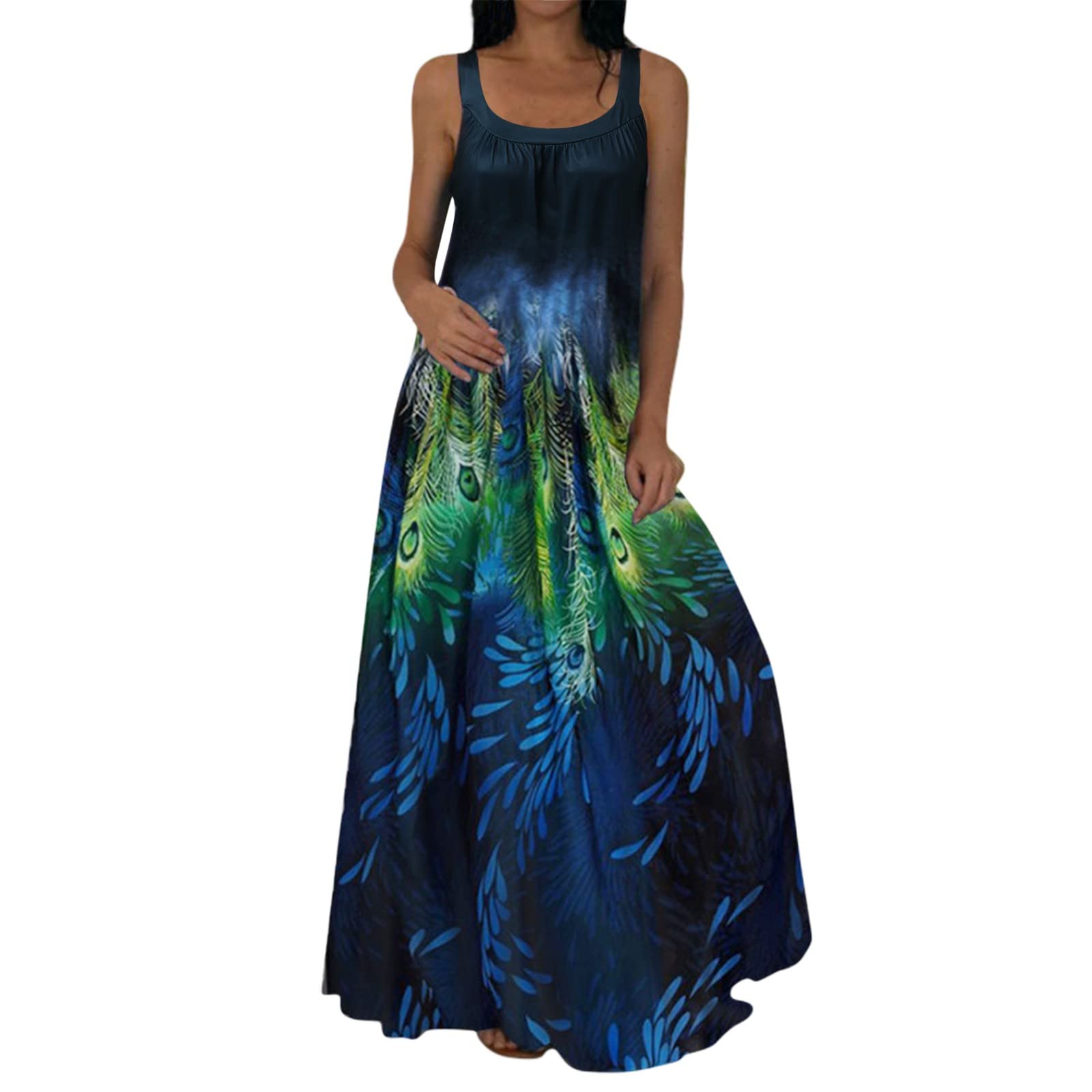 Twoker Women's Sexy Summer Sleeveless Maxi Dress - Elegant Round Neck Long Flowy Dress for Beach, Party & Vacation - Plus Size Casual Sundress for Women