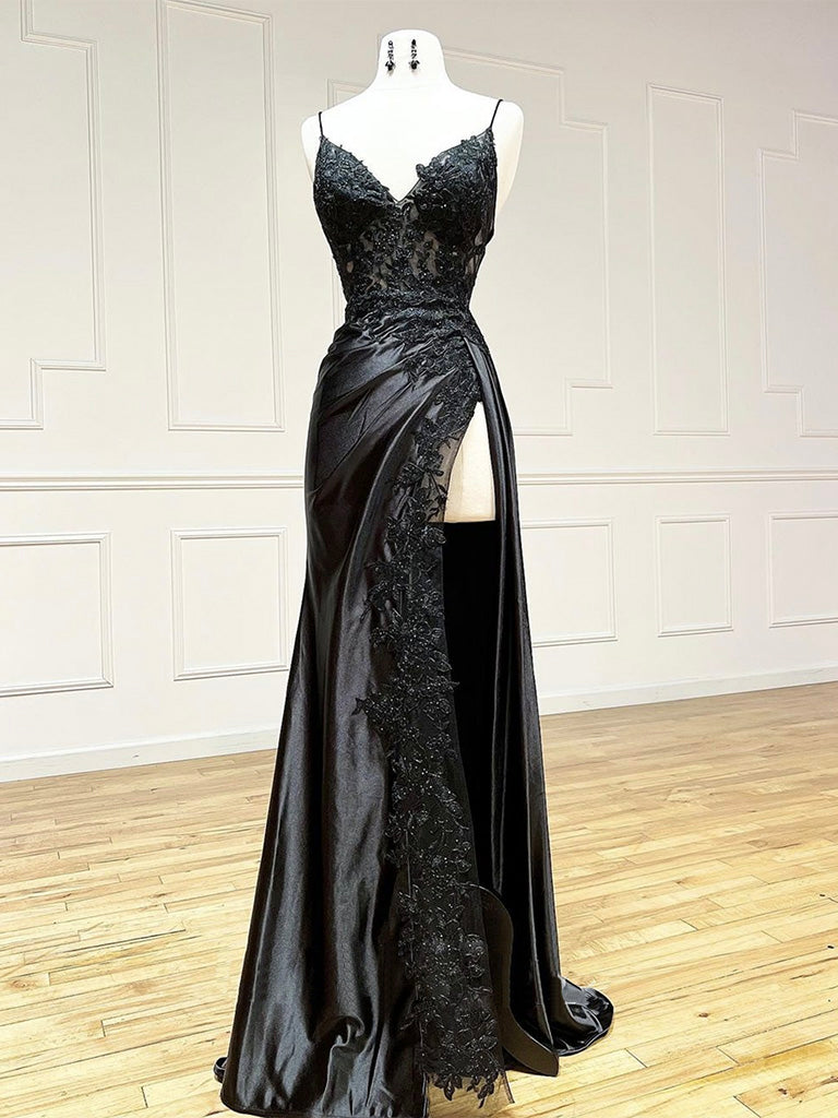 Elegant Black V-Neck Satin Lace Long Prom Evening Dress - Perfect for Formal Dances, Galas & Special Occasions