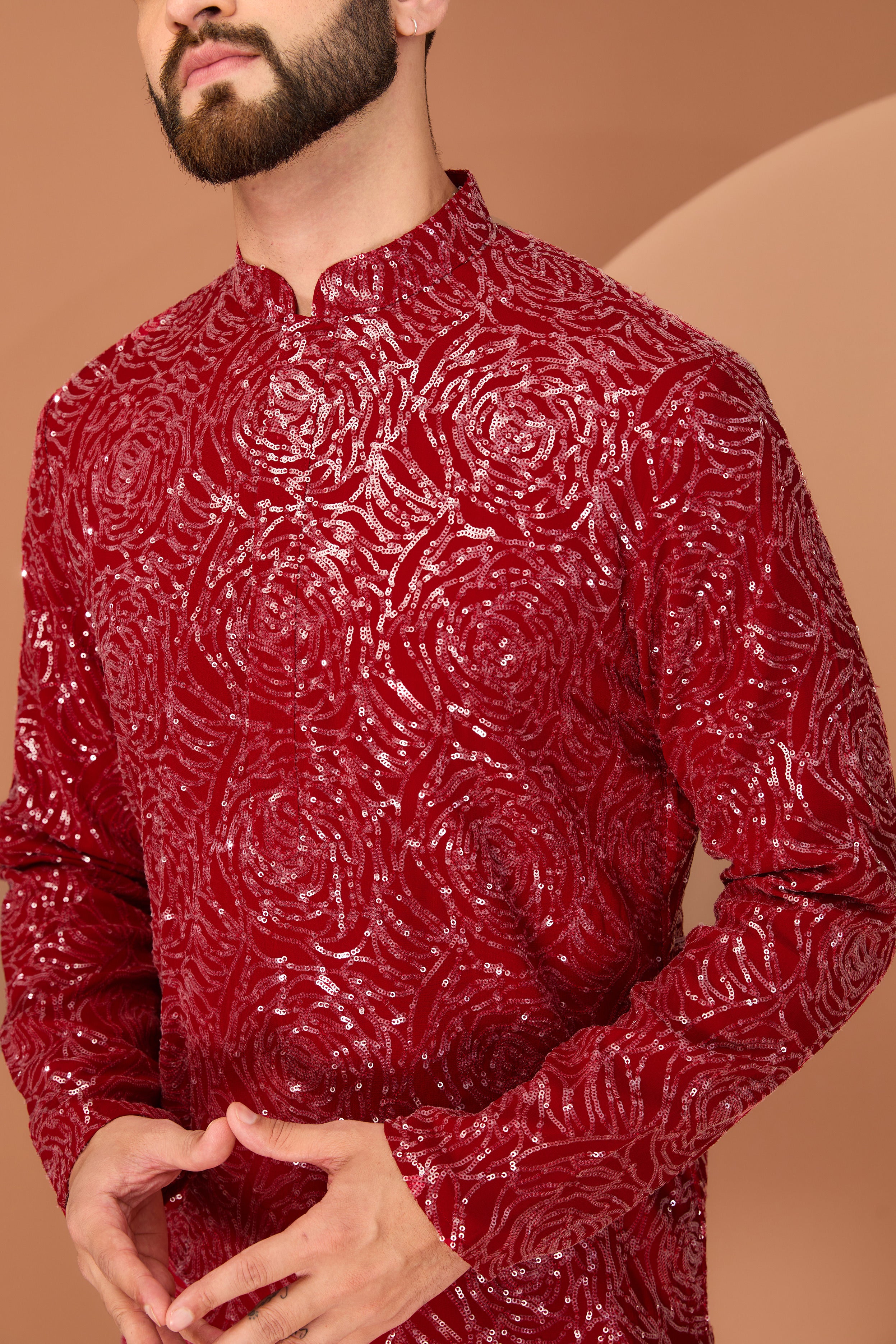 Elegant Red Fully Sequined Kurta with Floral Embroidery - Perfect for Festivals, Weddings, and Special Occasions