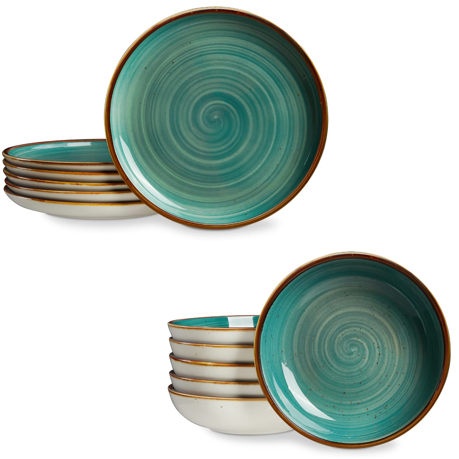 ONEMORE 10.5 Inch Ceramic Dinner Plates Set with 30oz Salad Bowls - Microwave, Oven & Dishwasher Safe - Durable Teal Blue Tableware for Everyday Dining, Parties & Restaurant Use