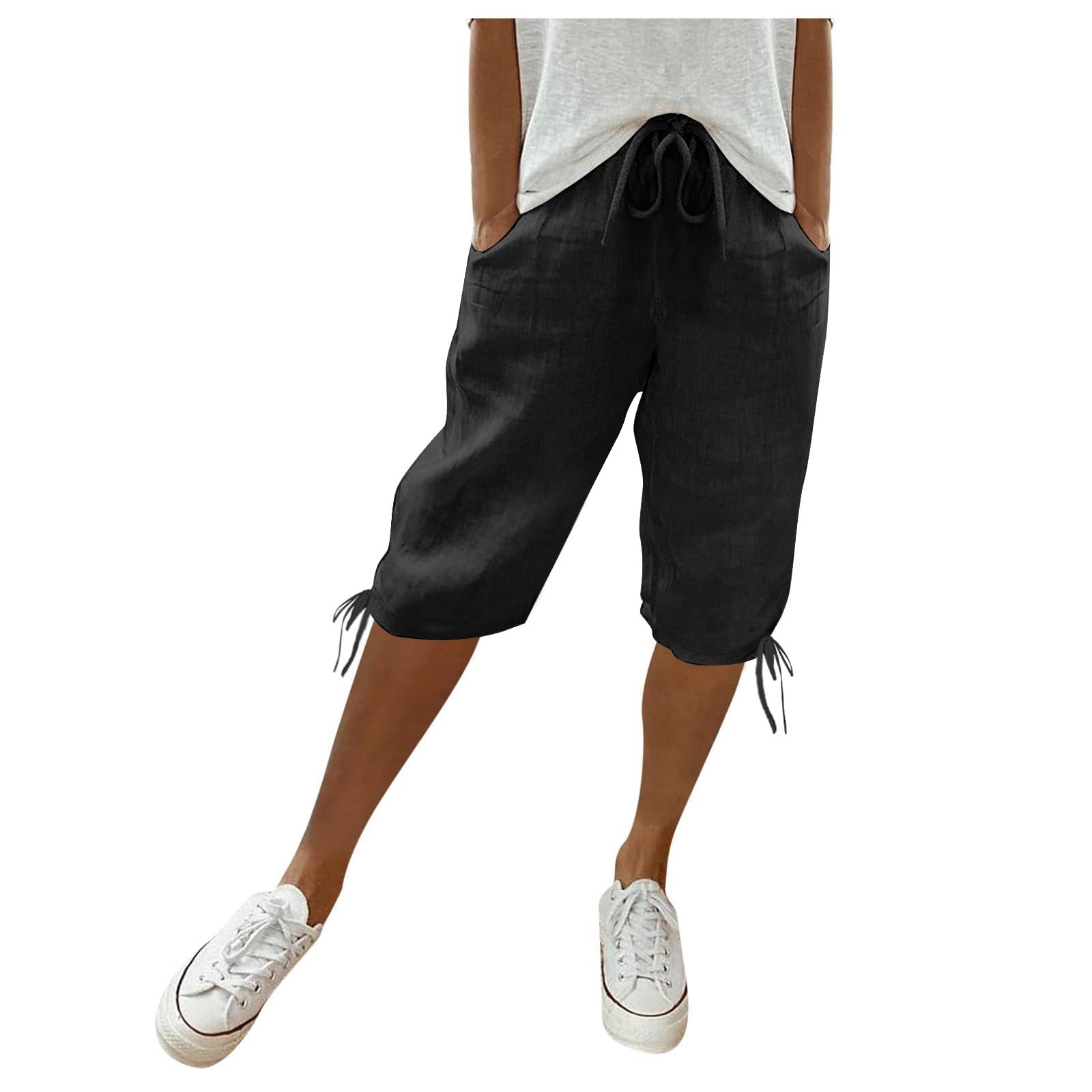 Women's Linen Shorts - Cotton Bermuda Drawstring Waist with Pockets for Summer Beach