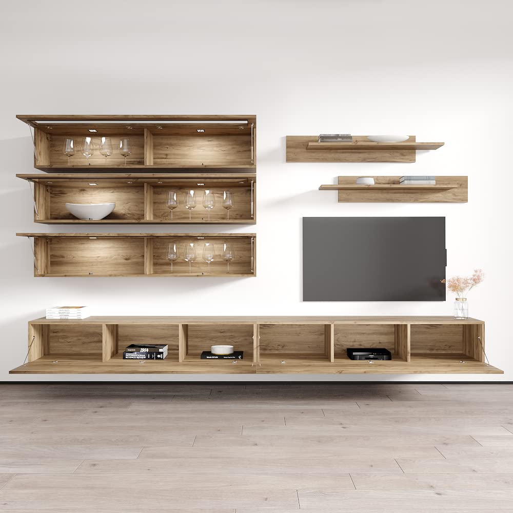 Modern Floating TV Stand with Storage & LED Lights - Wall-Mounted Entertainment Center for Bedroom & Living Room - Oak Wood TV Console with Shelves - Perfect for Small Spaces & Home Theater Setups