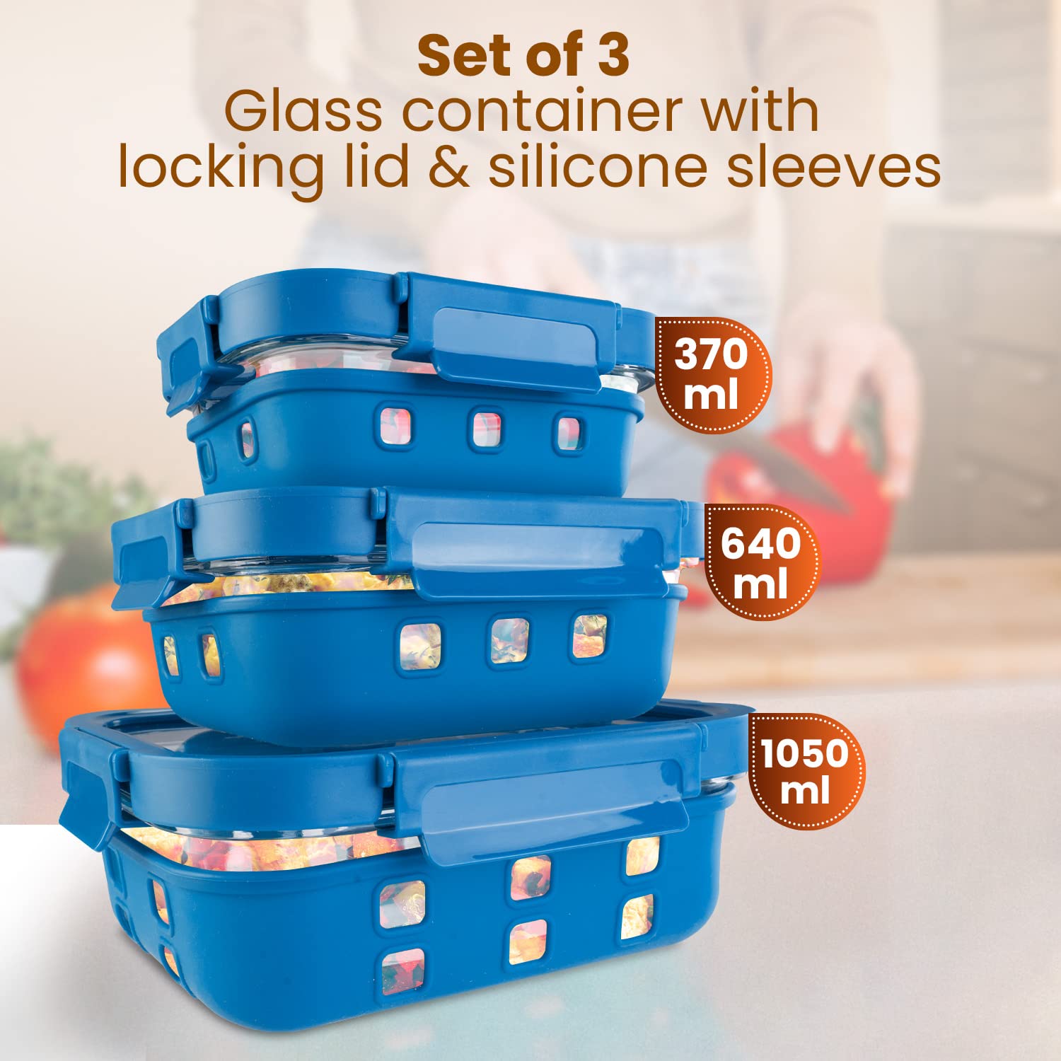 Premium Borosilicate Glass Food Storage Containers with Silicone Sleeves & Locking Lids - 3-Piece Set (370ml, 640ml, 1050ml) - Microwave, Oven & Freezer Safe - Rectangle Transparent & Blue - Perfect for Meal Prep, Leftovers & Kitchen Organization