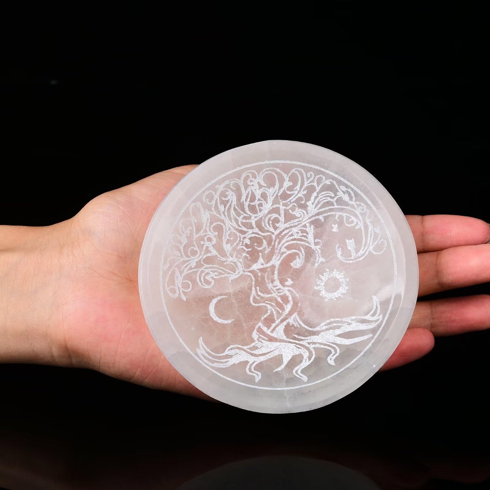 AMOYSTONE Natural Selenite Crystal Bowl - Charging Plate with Tree of Life Engraving | Energy Cleansing & Meditation Accessory for Home, Office & Spiritual Healing