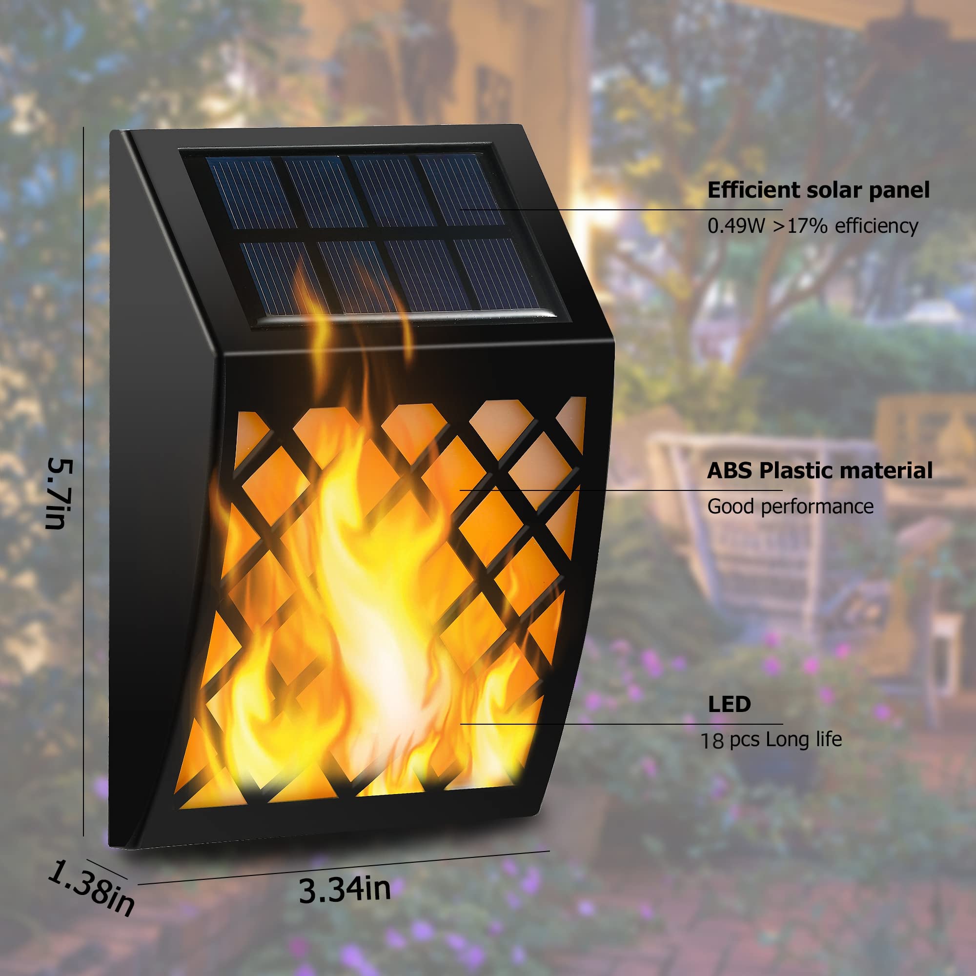 Dynaming Solar Flame Lights Outdoor - 4 Pack Solar Powered Flickering Flame Wall Lights with Auto On/Off - Waterproof Decorative Lighting for Fence, Deck, Garden, Pathway, Patio, Porch & Yard - Perfect for Halloween, Christmas & Outdoor Parties