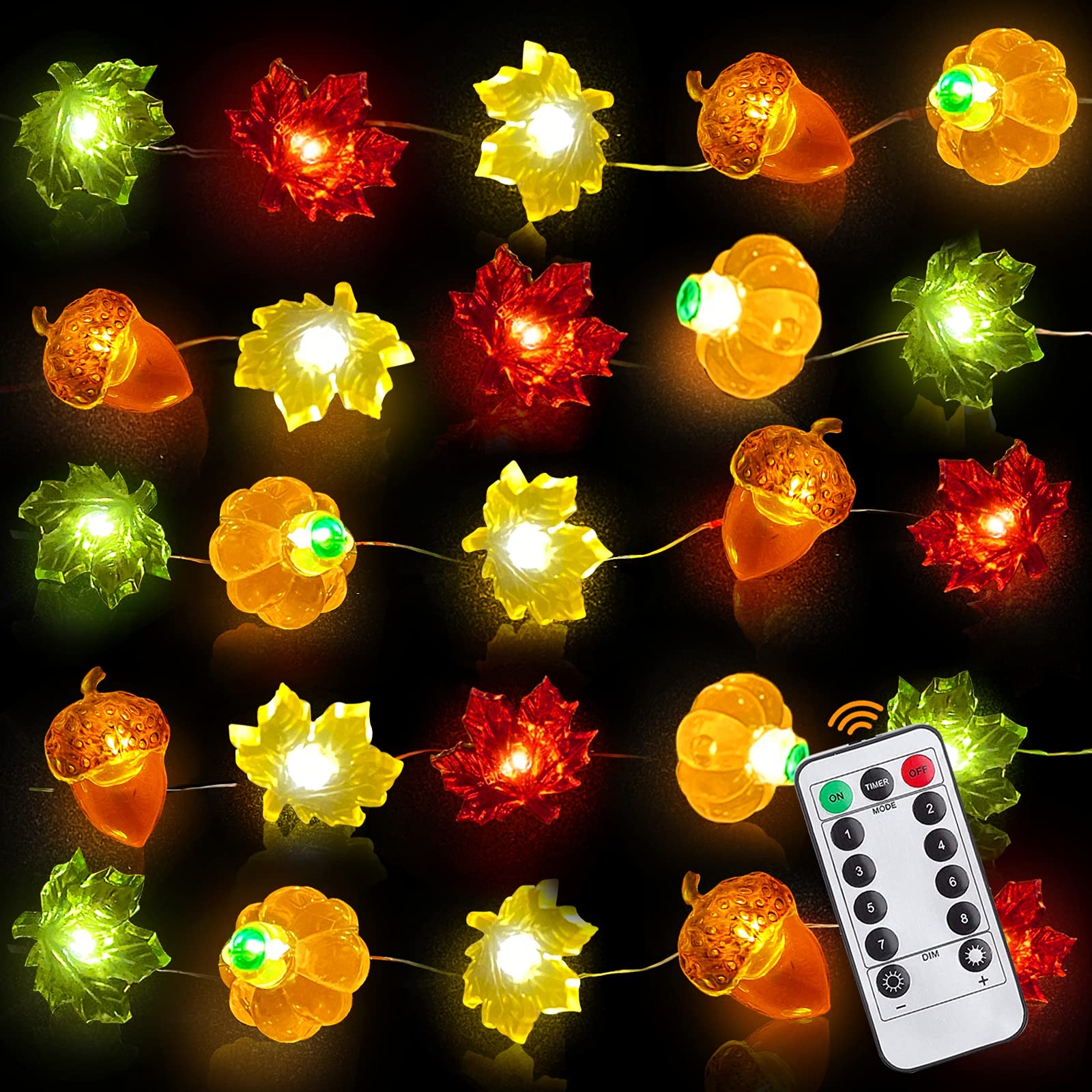 60 LED Fall String Lights with Remote & Timer - 20ft Battery Operated Thanksgiving Decorations (8 Modes) - Pumpkin, Maple Leaf & Acorn Design for Indoor Home Decor | Perfect for Thanksgiving, Autumn Parties & Cozy Ambiance