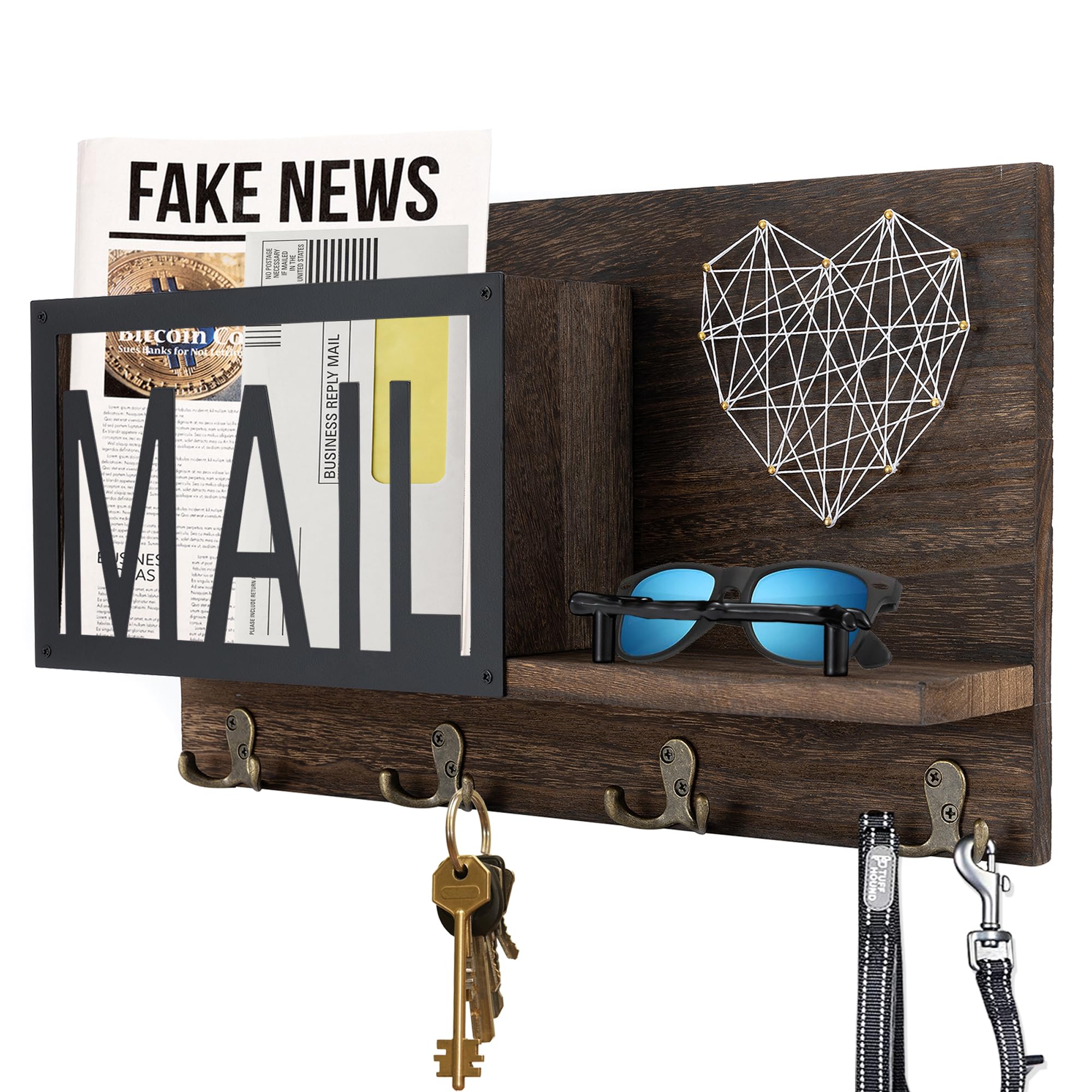 Rustic Wooden Mail Organizer with 4 Key Hooks - Dark Brown Entryway Wall Organizer for Keys, Letters & Bills | Perfect for Mudroom, Hallway or Home Office Decor