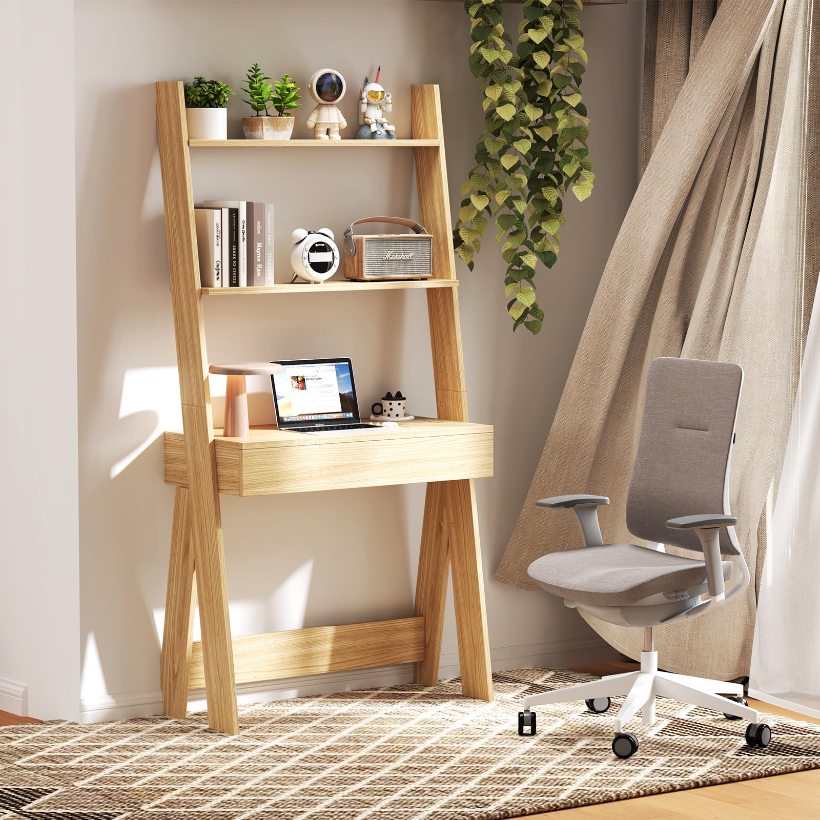Tangkula Space-Saving Ladder Desk with Wooden Countertop & Storage Drawer - Compact Home Office Computer Table with Open Shelves & Anti-Tip Safety Kit - Wall-Leaning Workstation for Small Spaces (Natural Wood Finish) - Perfect for Dorm Rooms, Studio Apartments & Home Office Setups