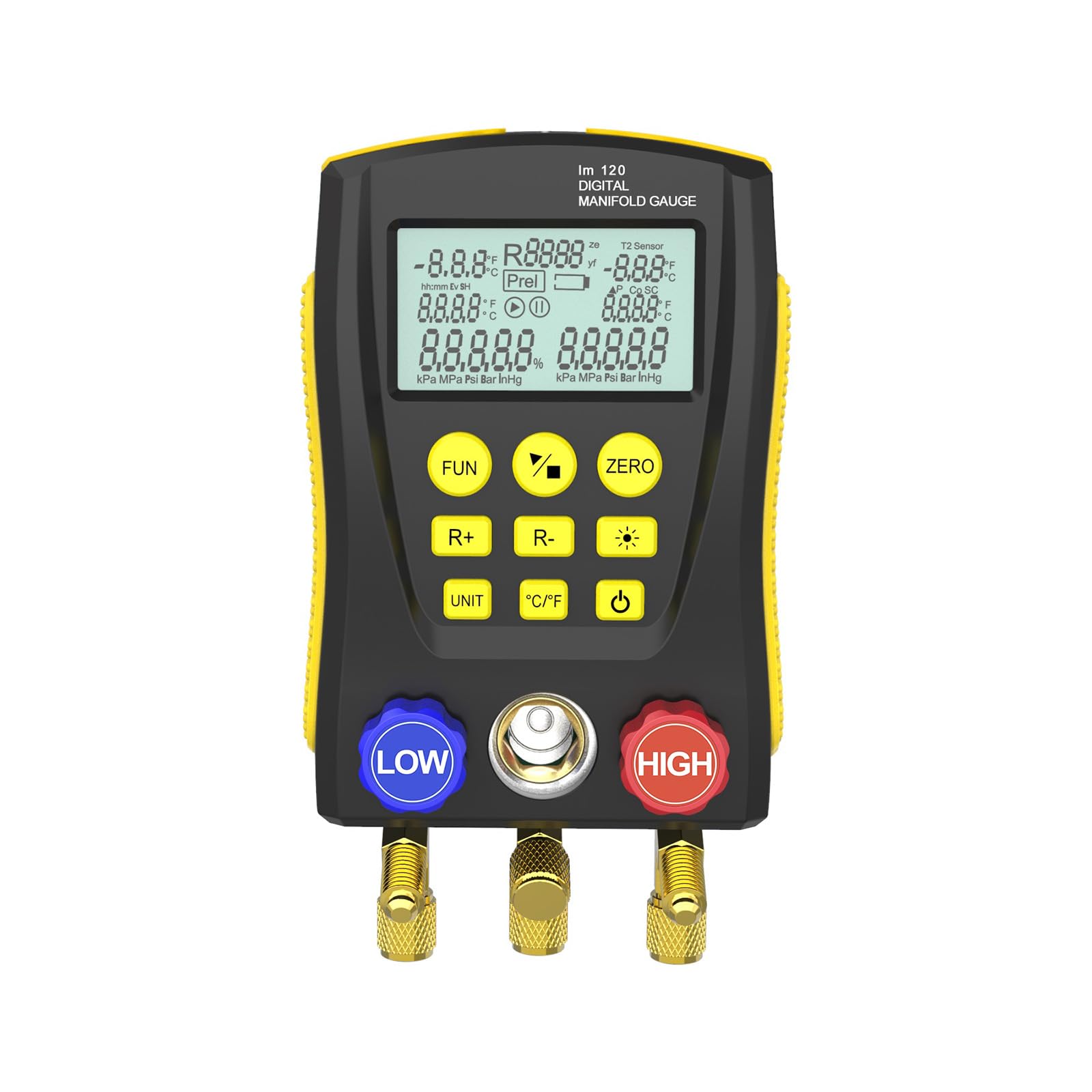 QPKING Digital Manifold Gauge Set - HVAC Refrigeration Pressure Temperature Tester with 3 Hoses & Built-in 89 Database - Professional LM120 Leak Detection Kit for AC Repair, Refrigerant Charging and HVAC System Maintenance